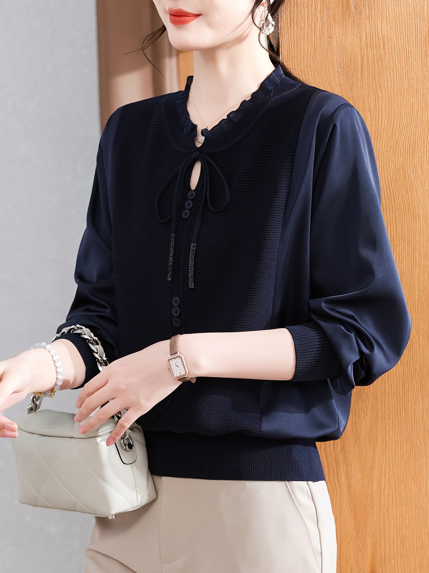 Women's Long-Sleeve Blouse - Age-Defying Tunic Top, Beige-Friendly & Breathable