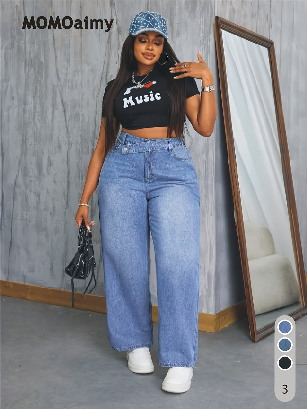 Plus Size & Oversized Jeans Pants - Wide-Leg H-Line Trousers with Beltless Waist