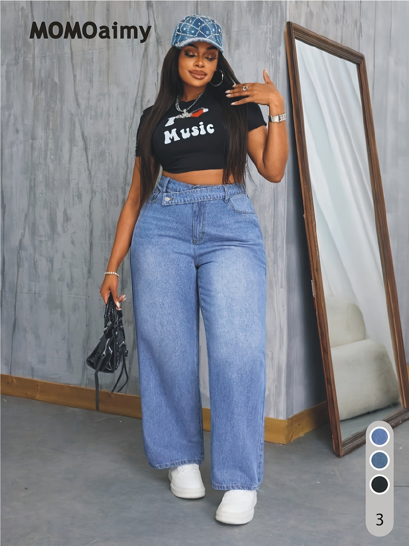 Plus Size & Oversized Jeans Pants - Wide-Leg H-Line Trousers with Beltless Waist