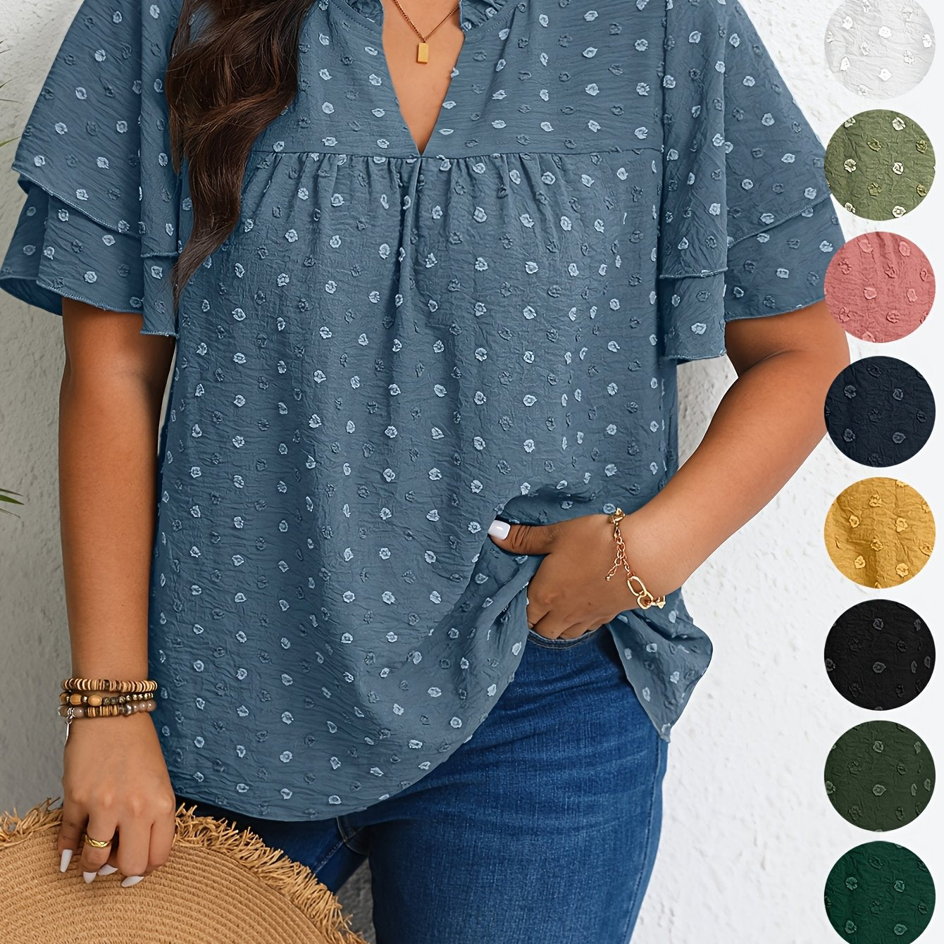 Plus Size Women's Casual V-Neck Blouse with Ruffled Short Sleeves