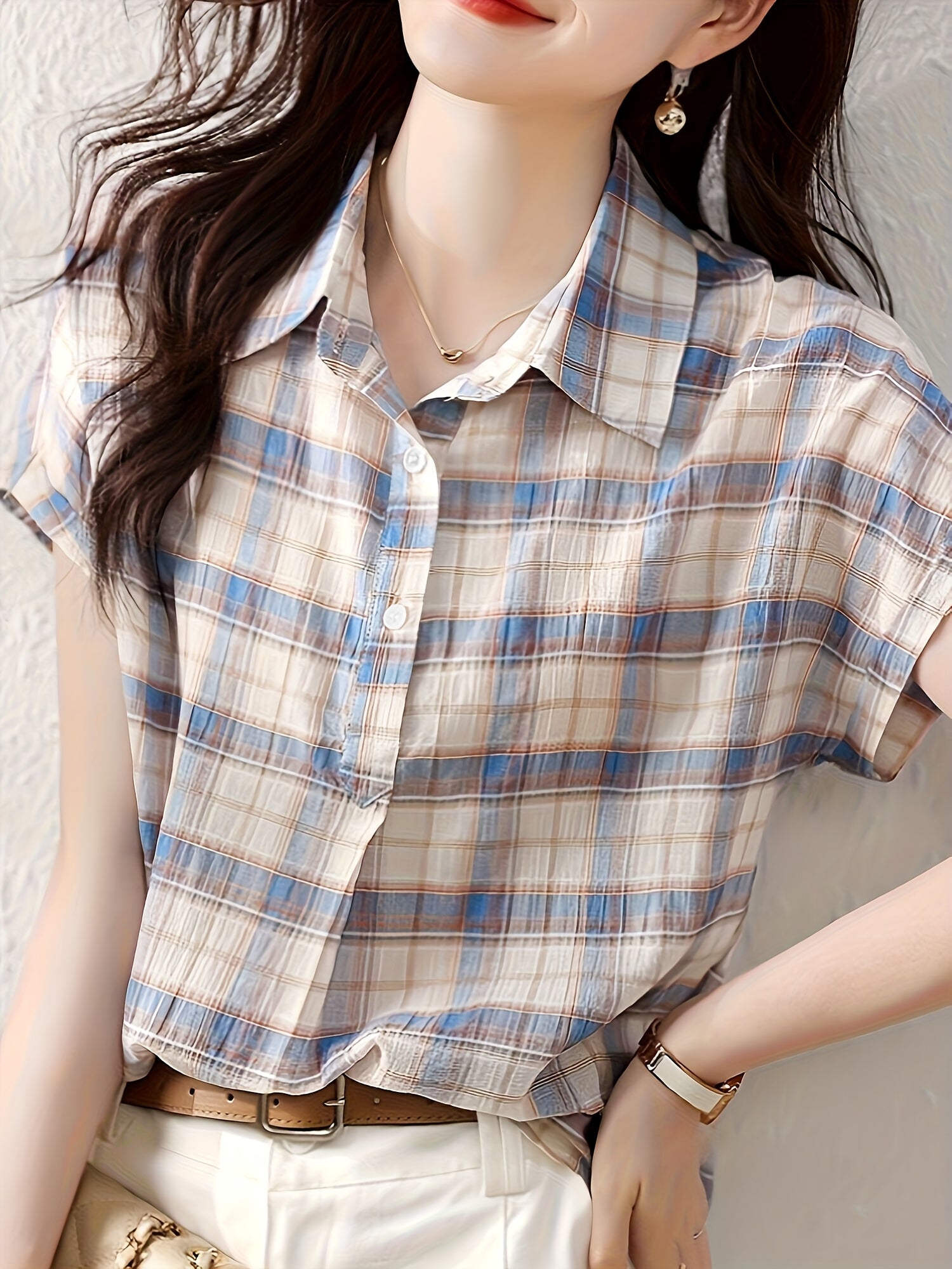 Women's Casual Plaid Blouse - Short Sleeve, Button-Up with Lapel Collar