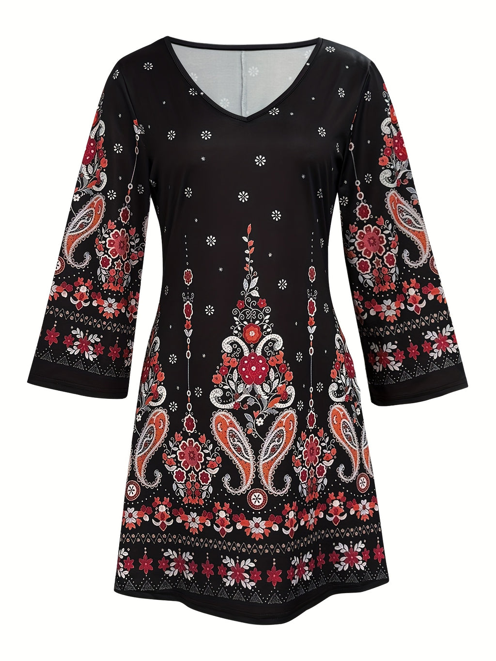Vintage Paisley Print V-Neck Peplum Dress with Three-Quarter Sleeves