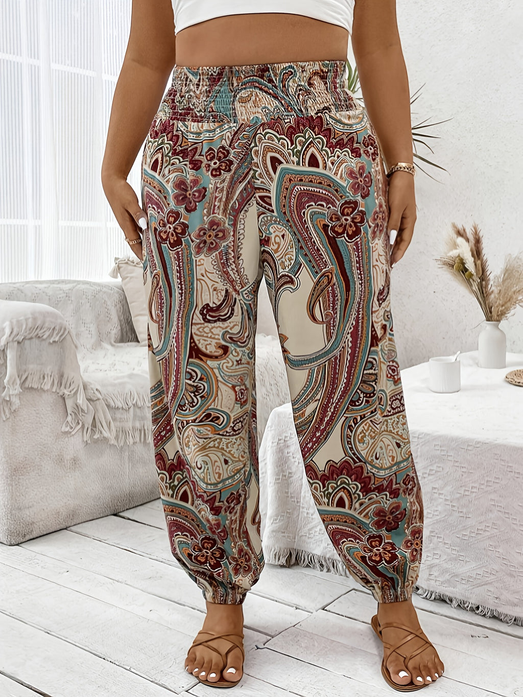 Women's Plus Size Tropical Print Loose Fit Pant