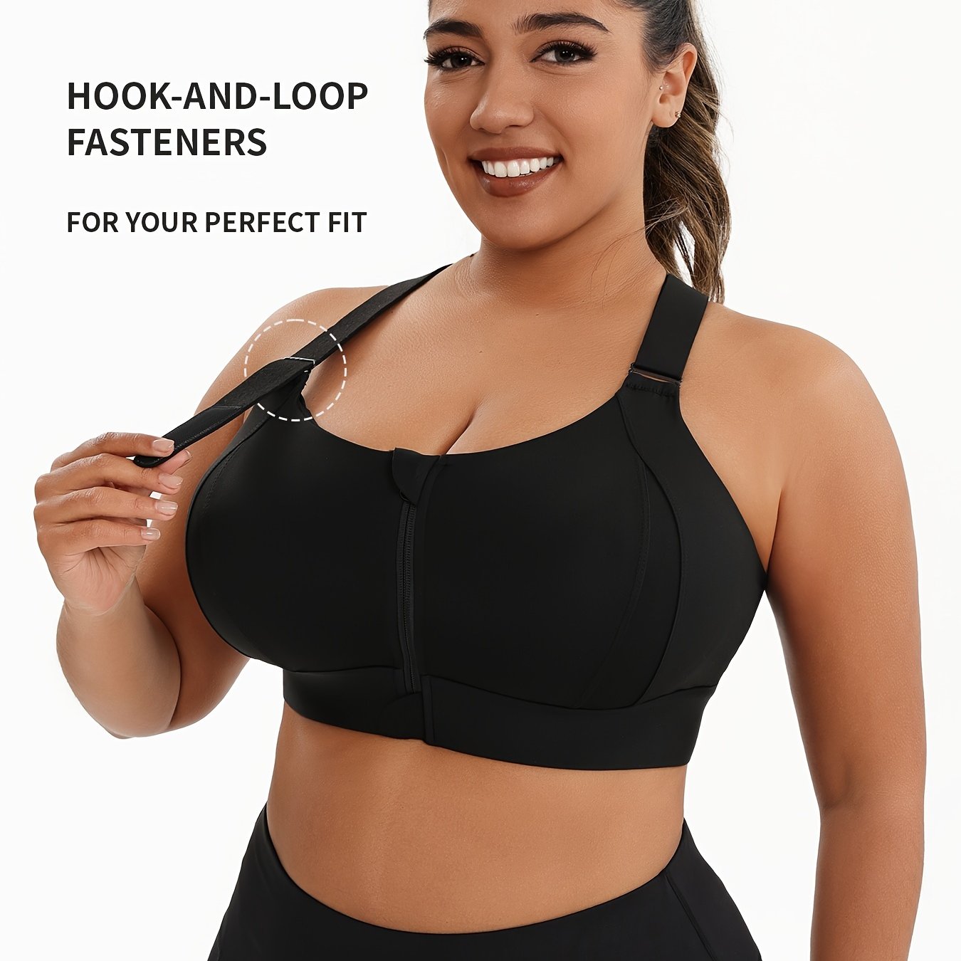 [Plus Size Sports Bra] High-Elasticity Plus Size Sports Bra | Women's Blue Bra with Zipper, Non-Removable Padding, Adjustable Shoulder Straps