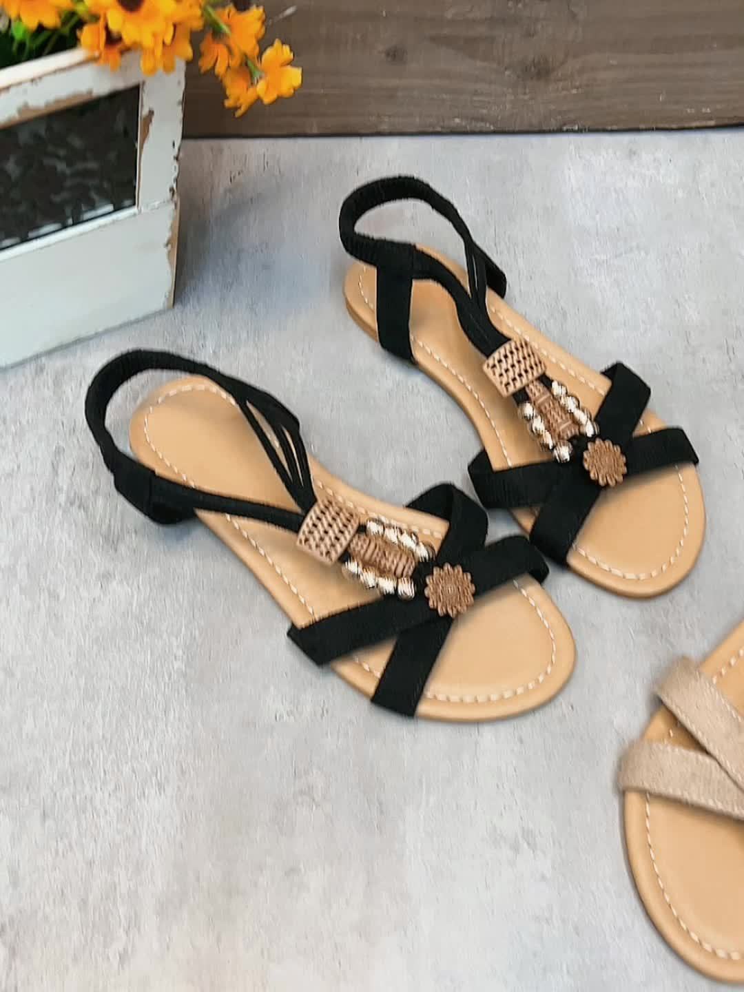 Bohemian Style Women's Beaded T-Strap Wedge Sandals