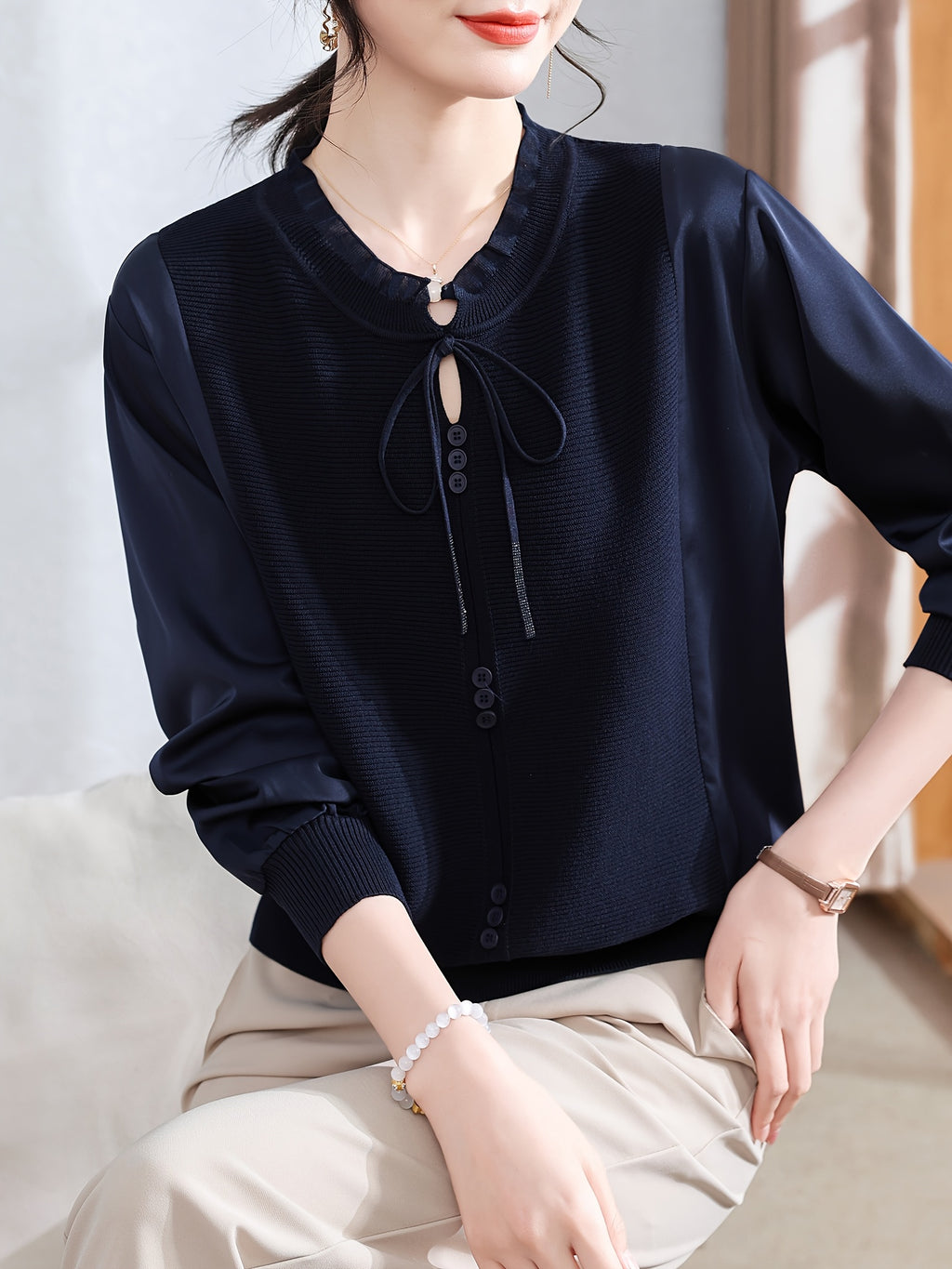 Women's Long-Sleeve Blouse - Age-Defying Tunic Top, Beige-Friendly & Breathable