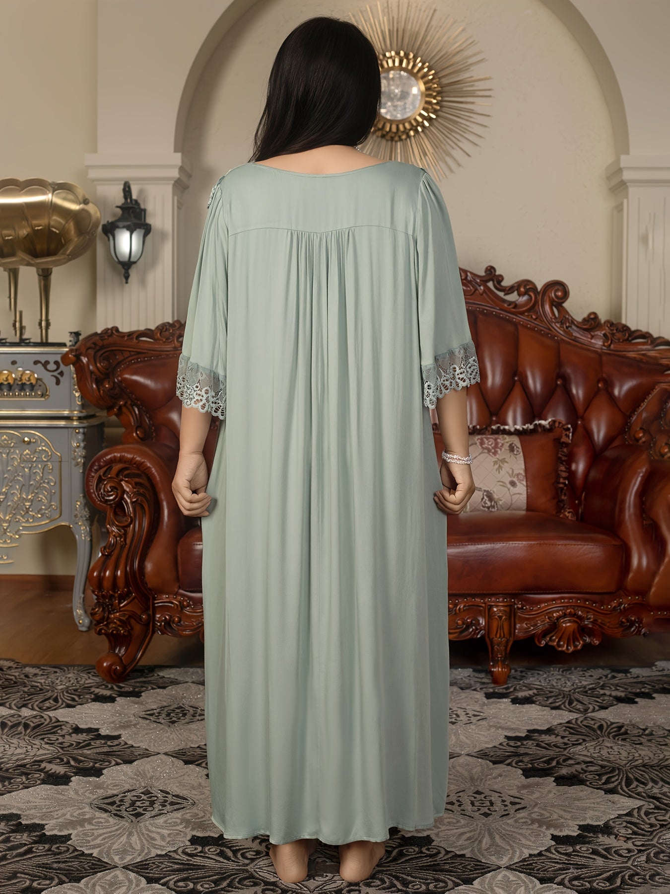 Plus Size Royal Style Nightgown - Long Sleeve V-Neck, Lace Detail, Light Green, Non-Stretch Fabric