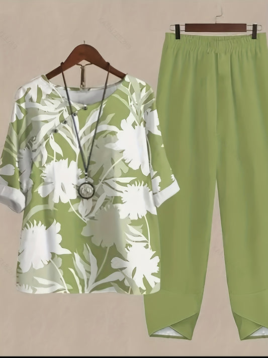 Plants Print Two-piece Set, Casual Short Sleeve T-shirt & Pants Outfits