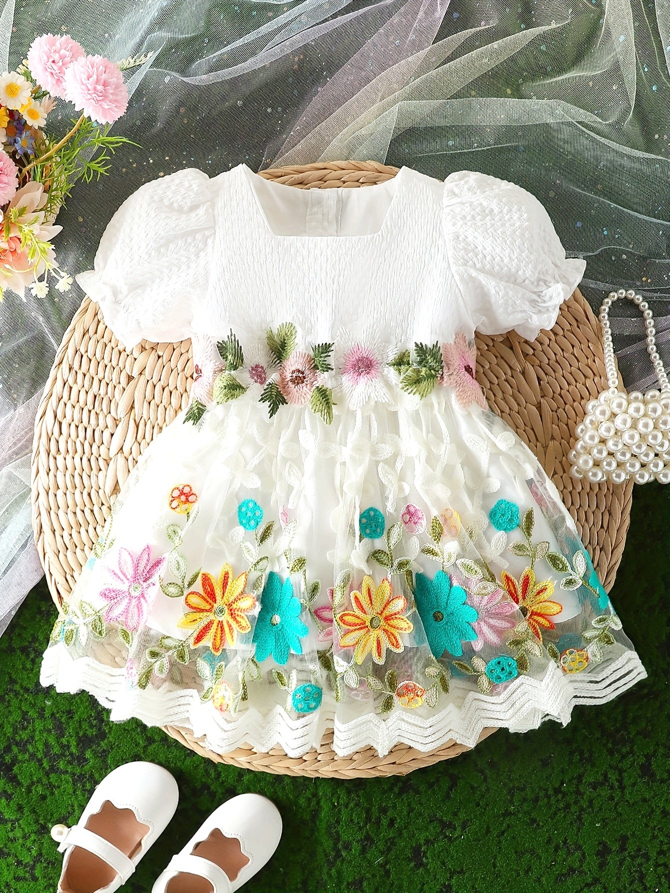 Infant & Toddler's Elegant Floral Embroidered Mesh Dress