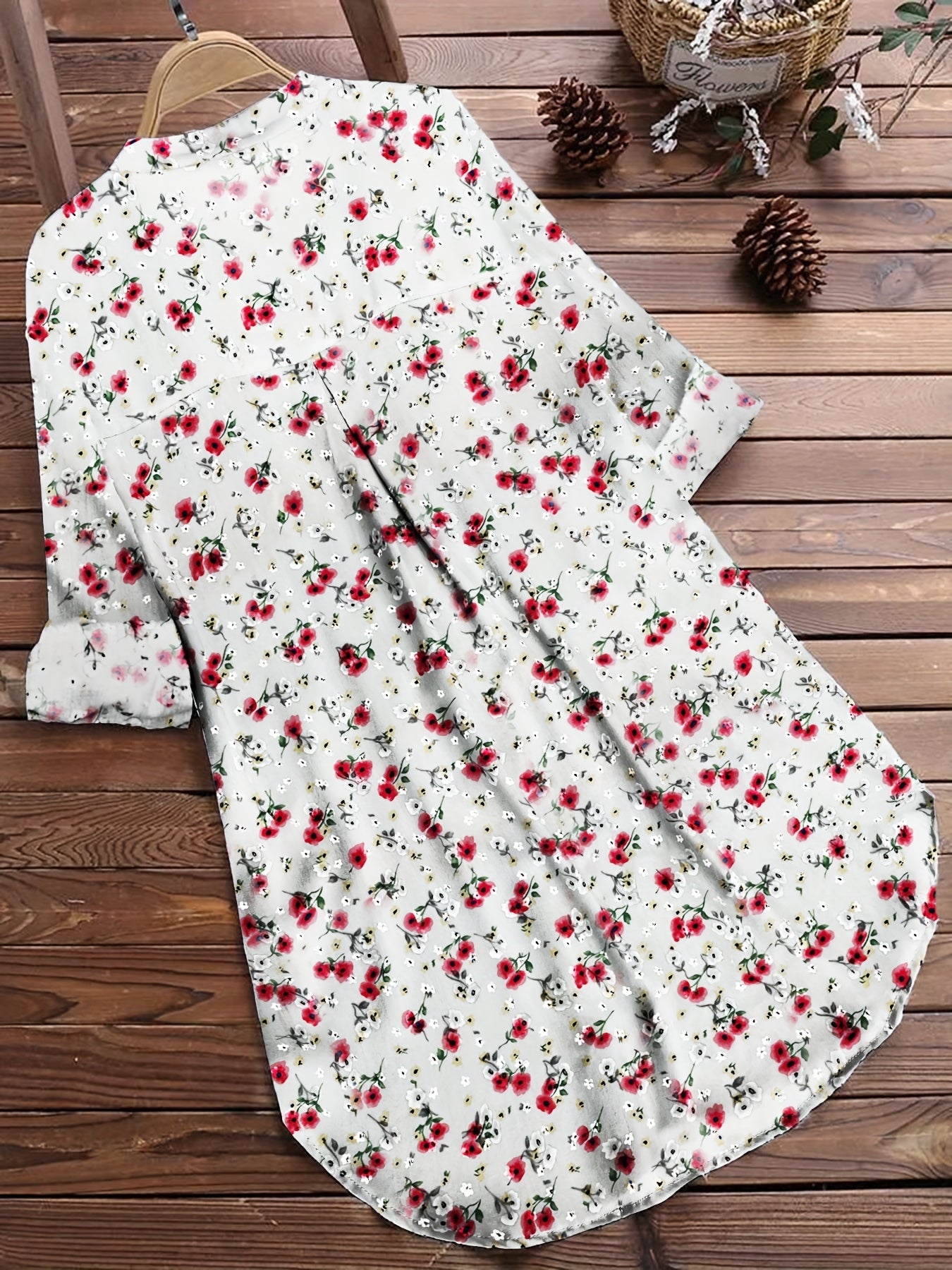 Floral Print Women's Blouse, Long Sleeve Round Neck