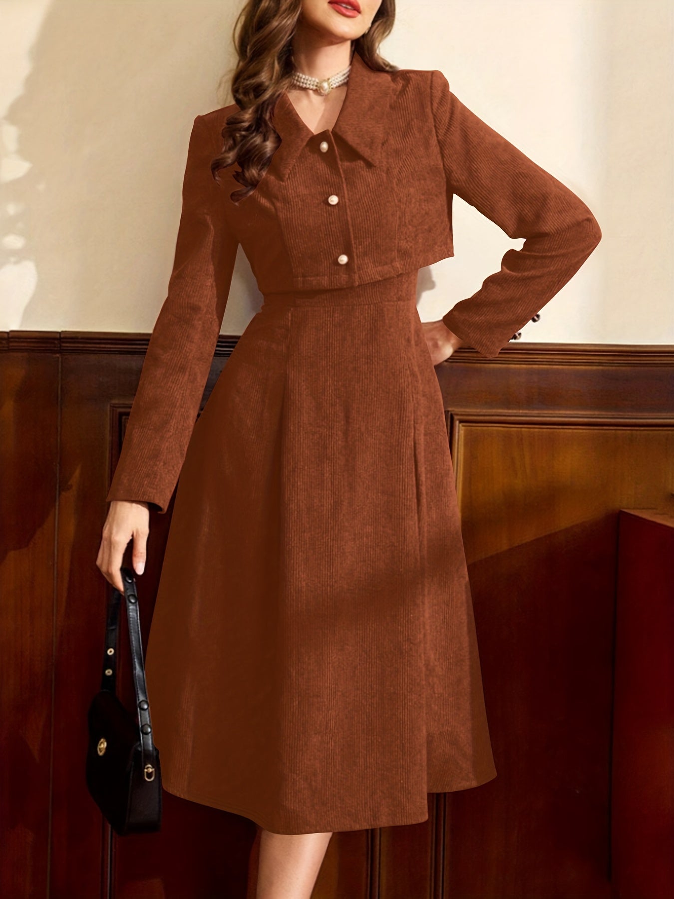 Women's Vintage Elegant Two-Piece Corduroy Collared Christmas New Year Party