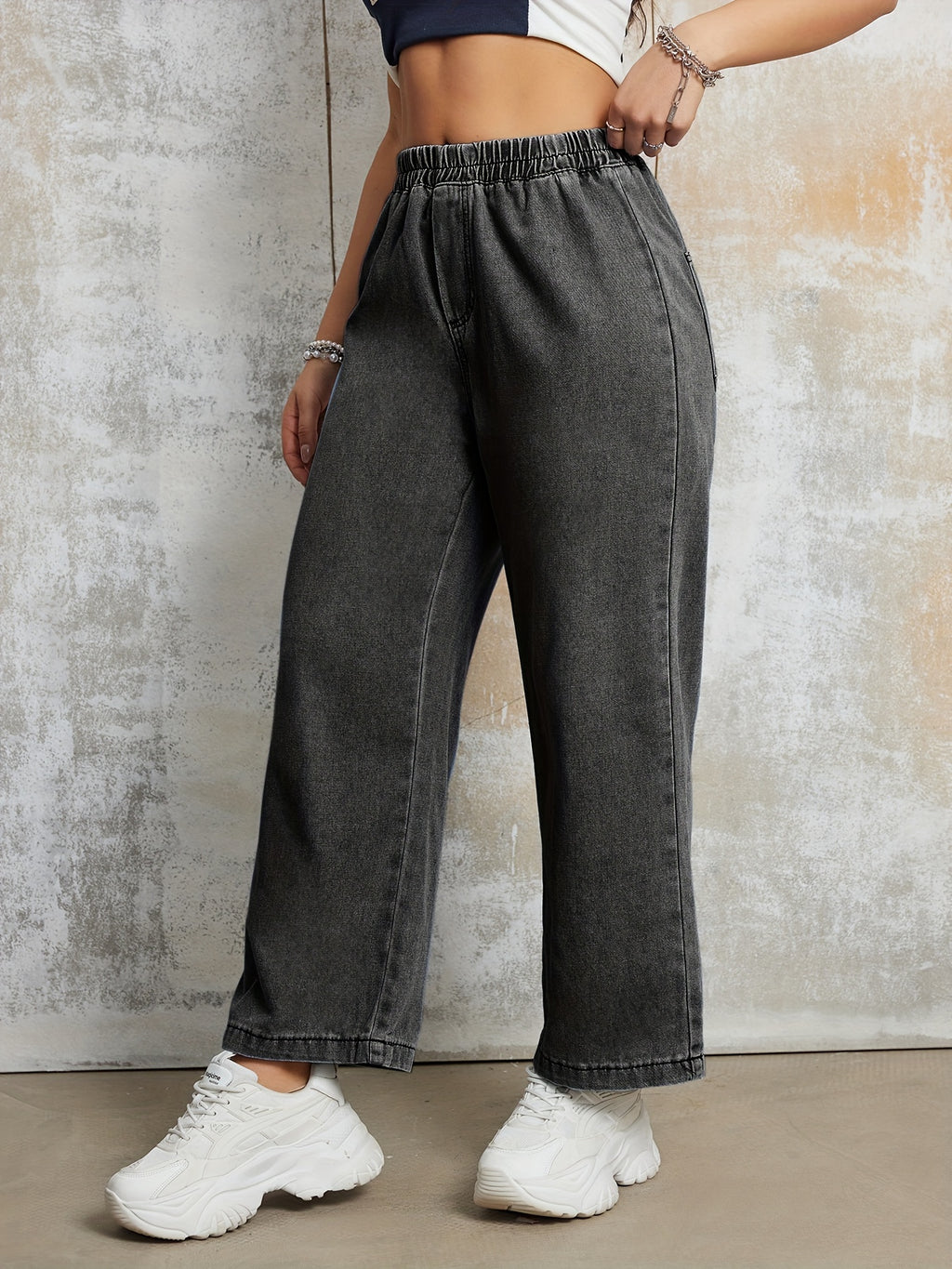 Elastic Waist Loose Fit Denim Pants