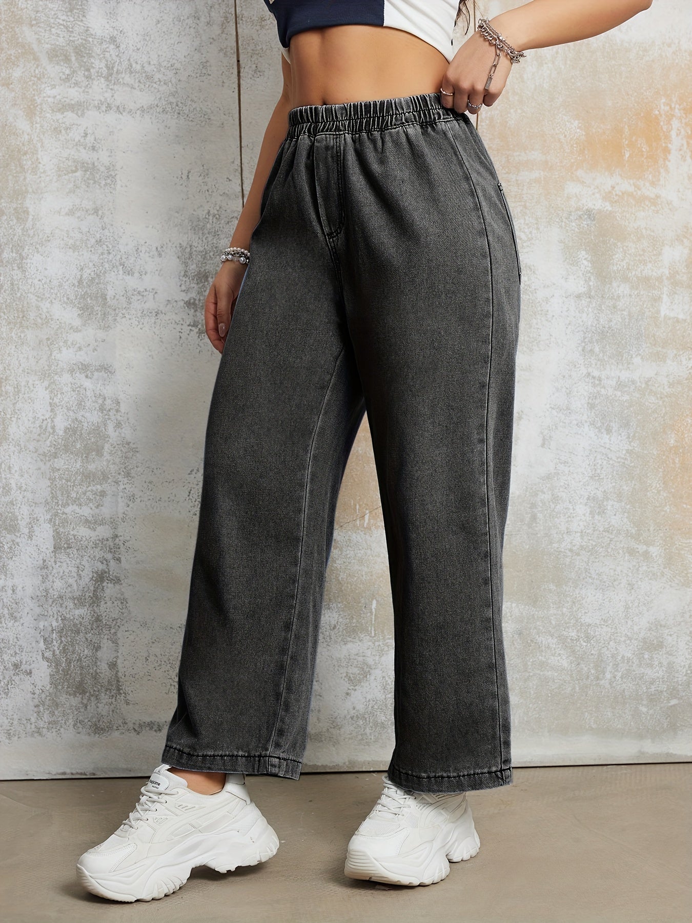 Elastic Waist Loose Fit Denim Pants
