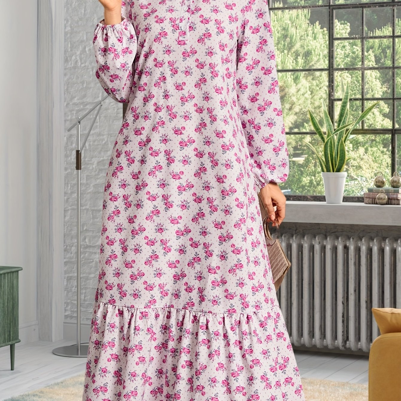 Women's Casual Long Sleeve Floral Print Maxi Dress