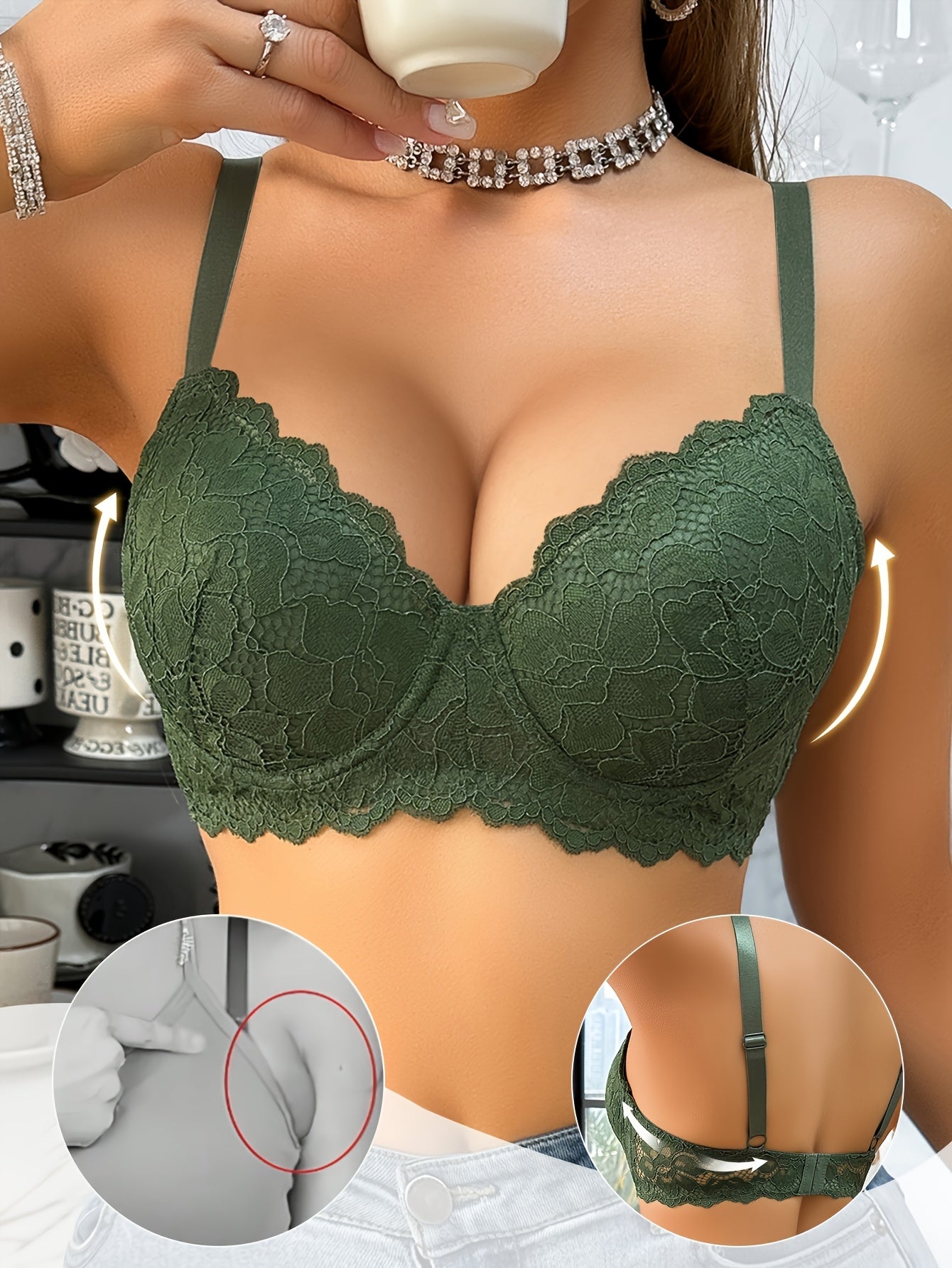 [Gentle Care] Sexy Green Lace Push-Up Bra for Women - Comfortable Underwire Support, Thin Cup Design, Elegant Lace Detailing, Non-Removable Pads, Hand Wash Only