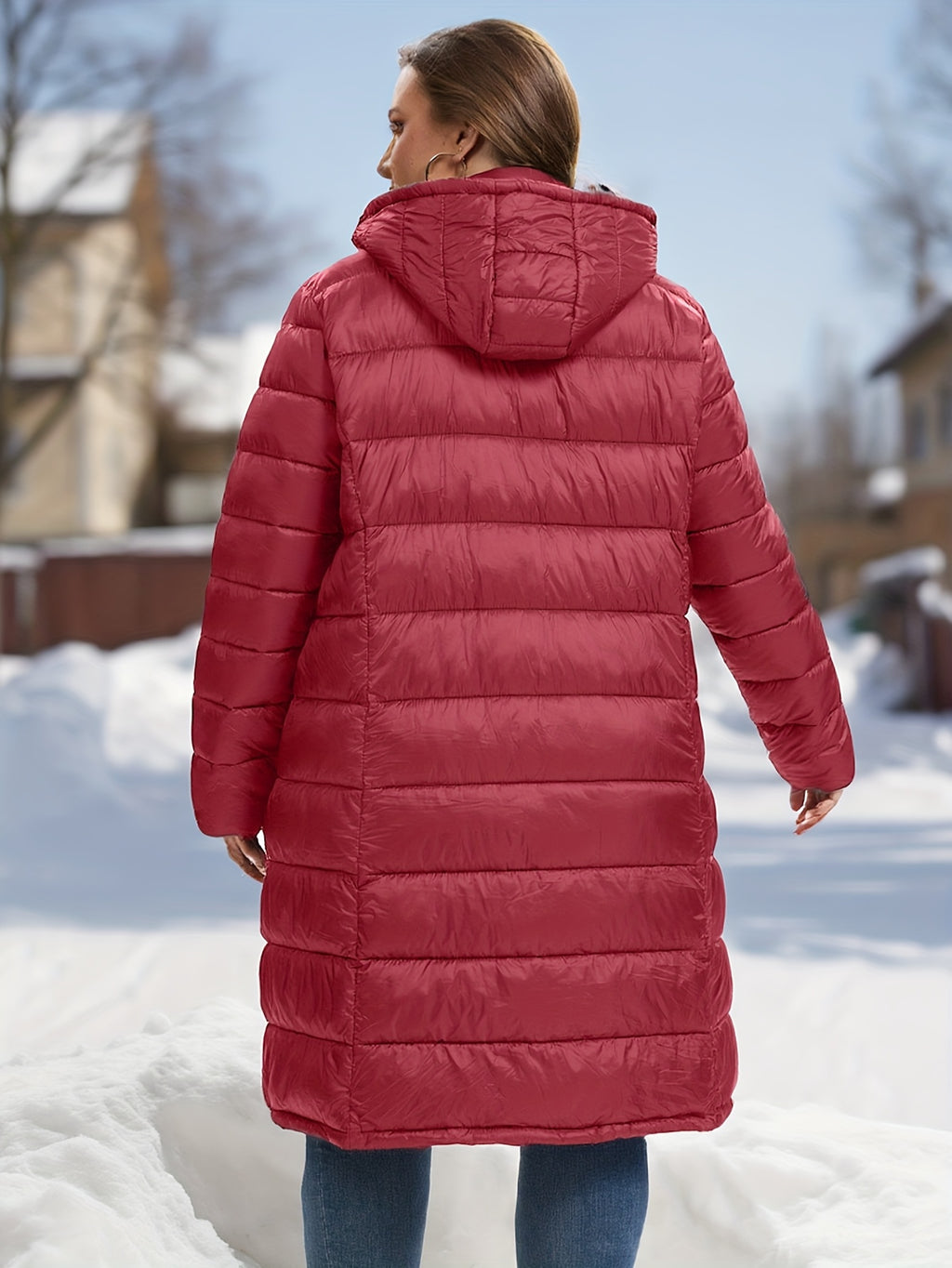 Plus Size Women's Elegant Burgundy Winter Coat with Hood - Long Jacket, Zippered Pockets & Detachable