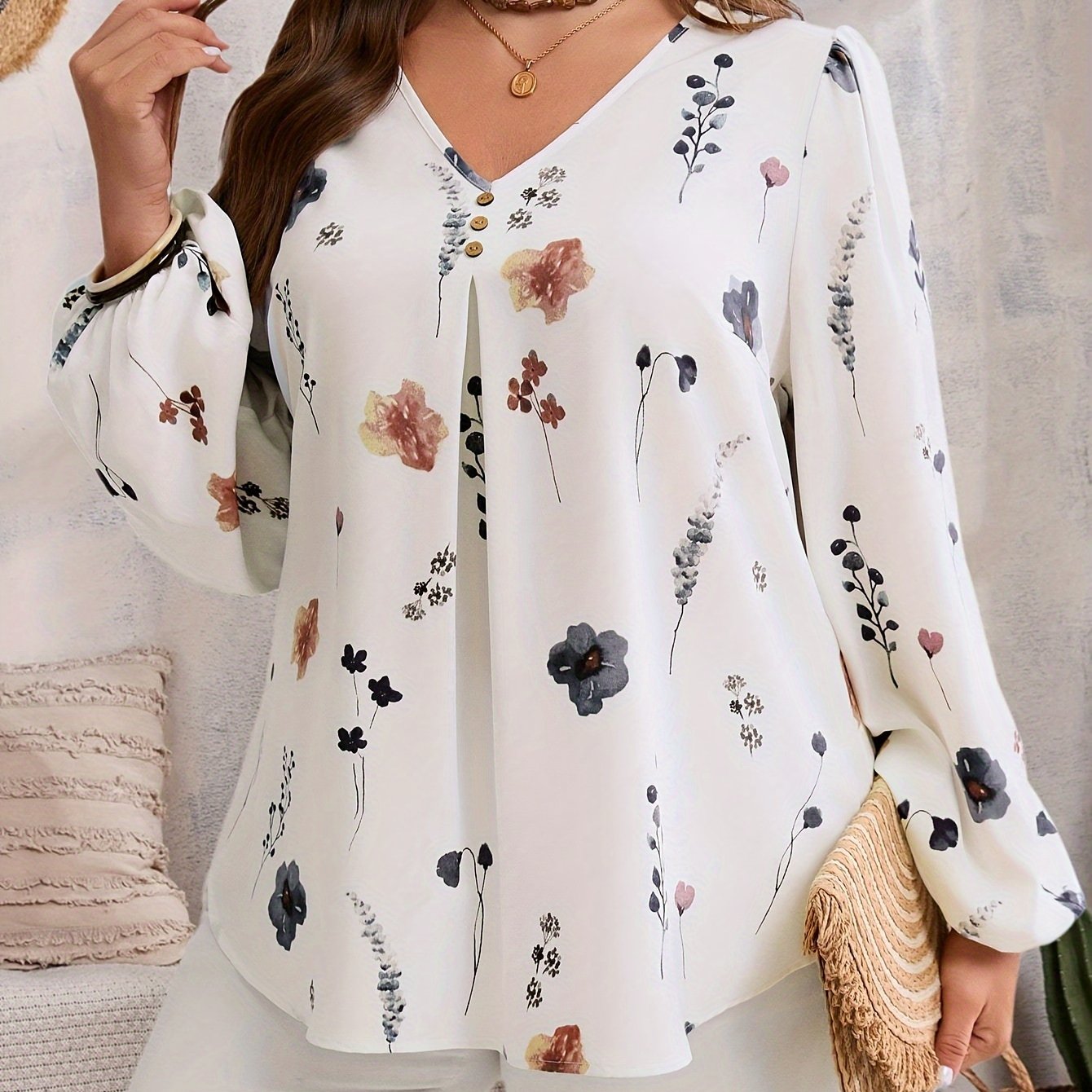 Elegant V Neck Long Sleeve Blouse Plus Size