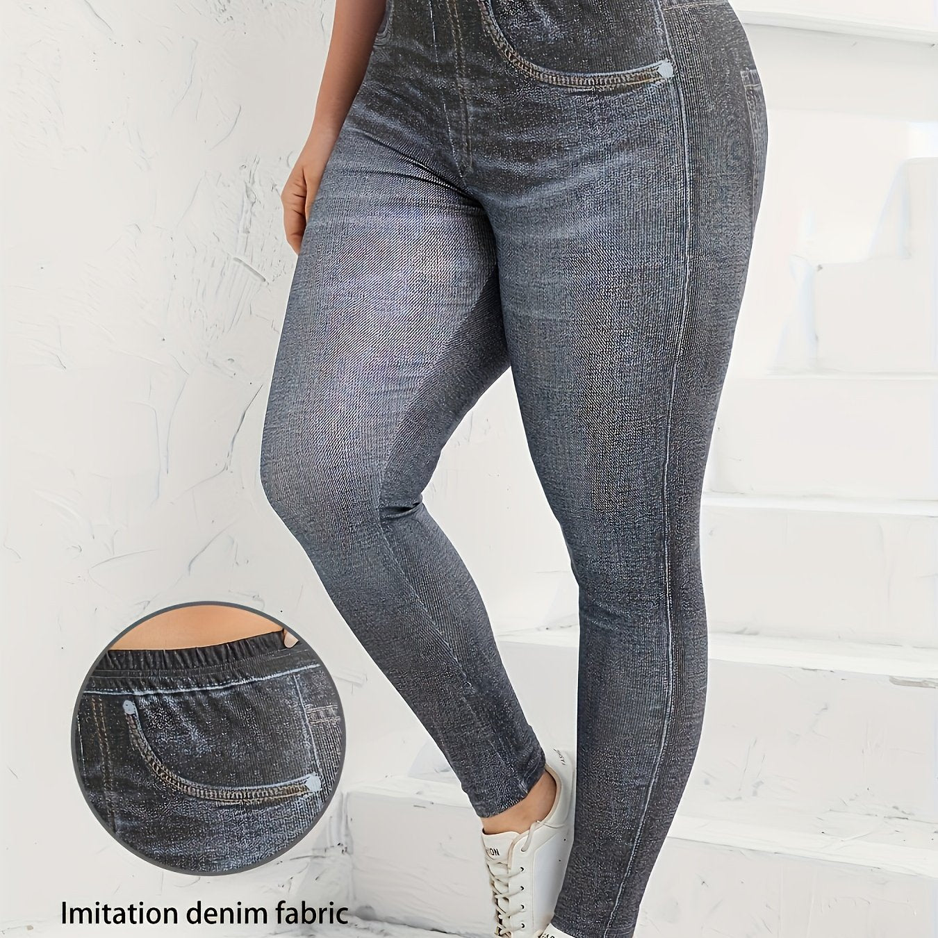 Plus Size Faux Denim Leggings - Ultra-Comfy High Waist Stretchy Design