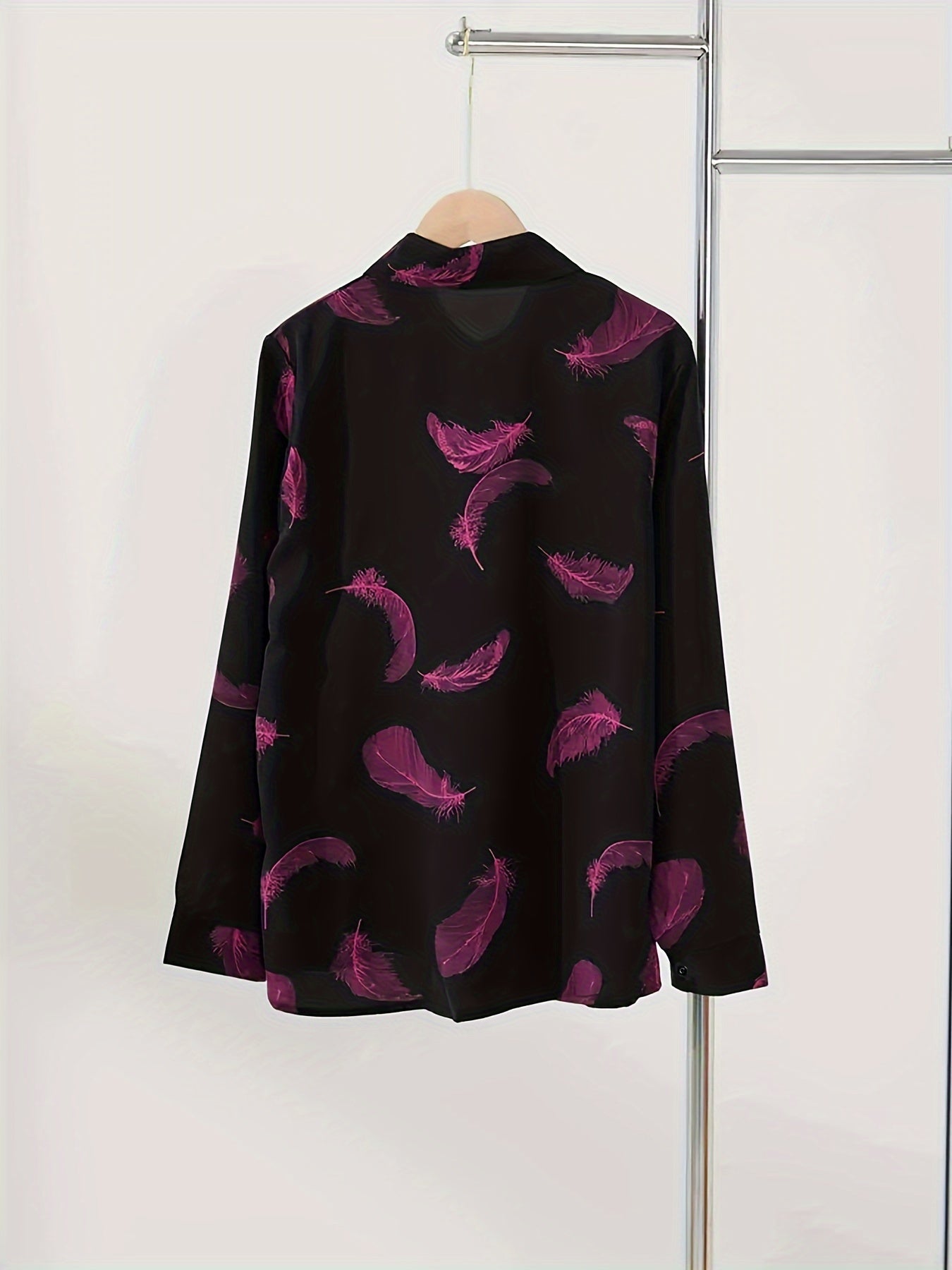 Women's Vintage Print Long Sleeve Polo Shirt, Spring/Fall Casual Loose Fit Lapel Collar Blouse