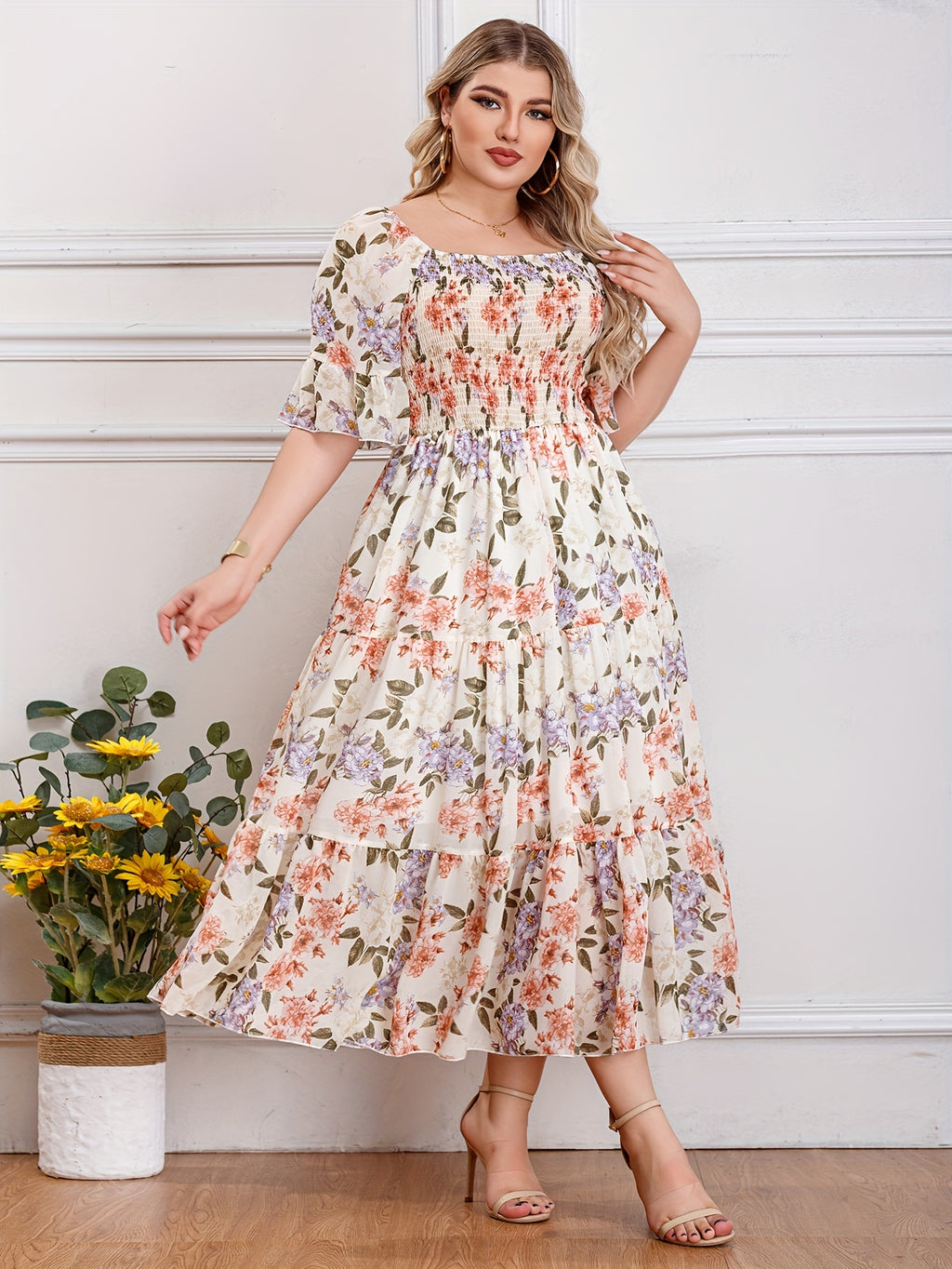 Plus Size Floral Print Chiffon Dress - Loose Fit