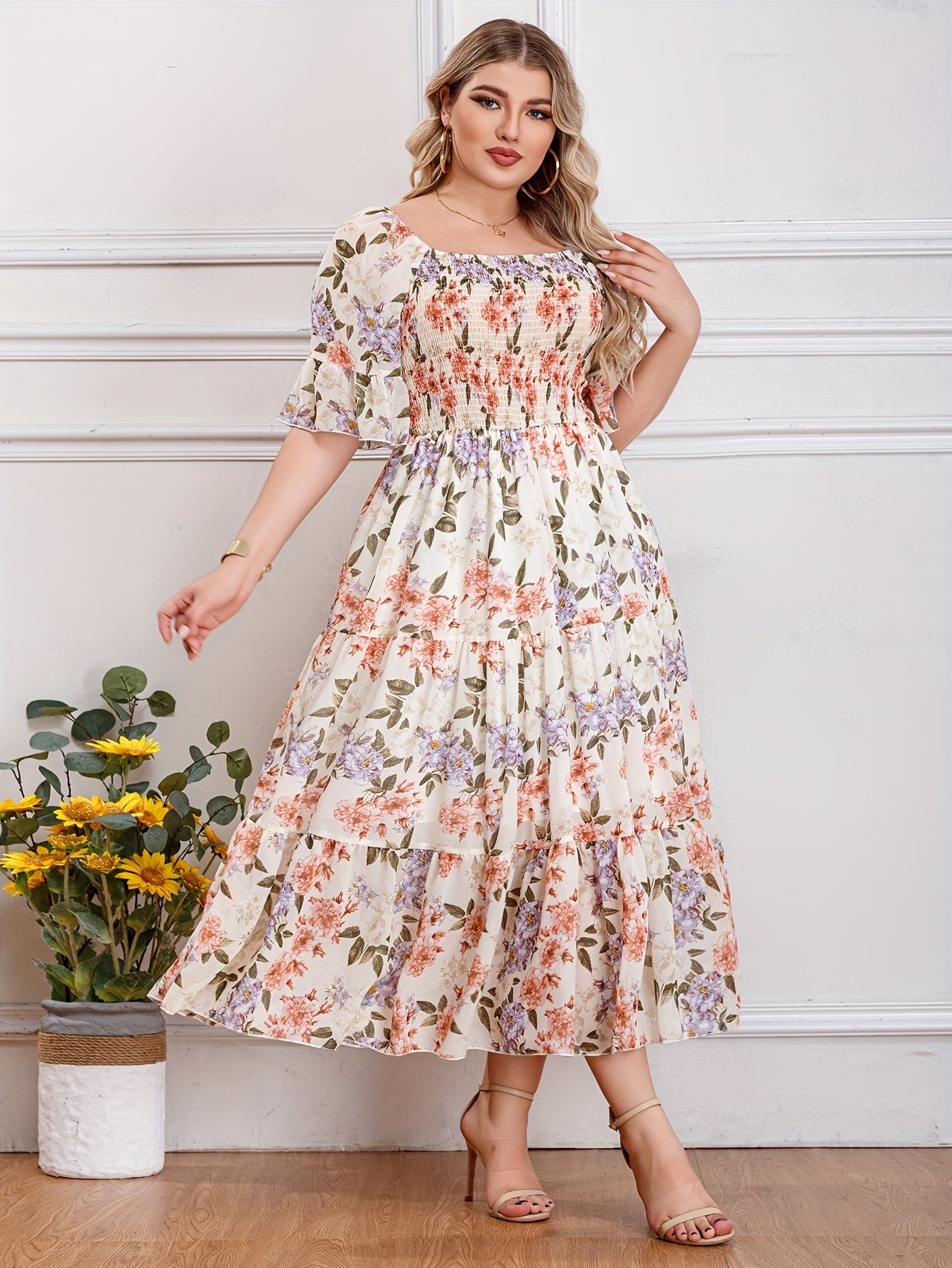 Plus Size Floral Print Chiffon Dress - Loose Fit