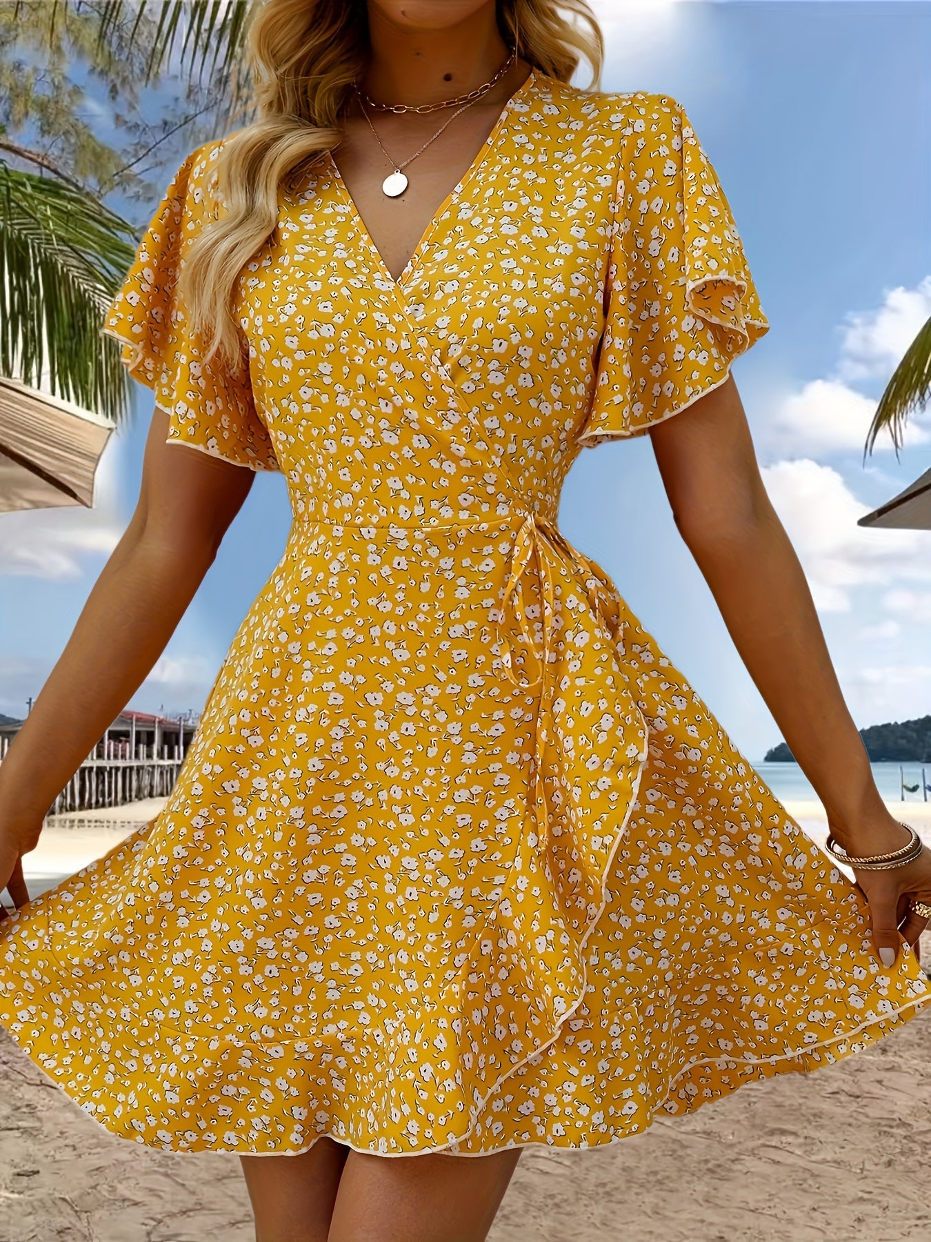 Cross Neck Ruffled Sleeve Dress