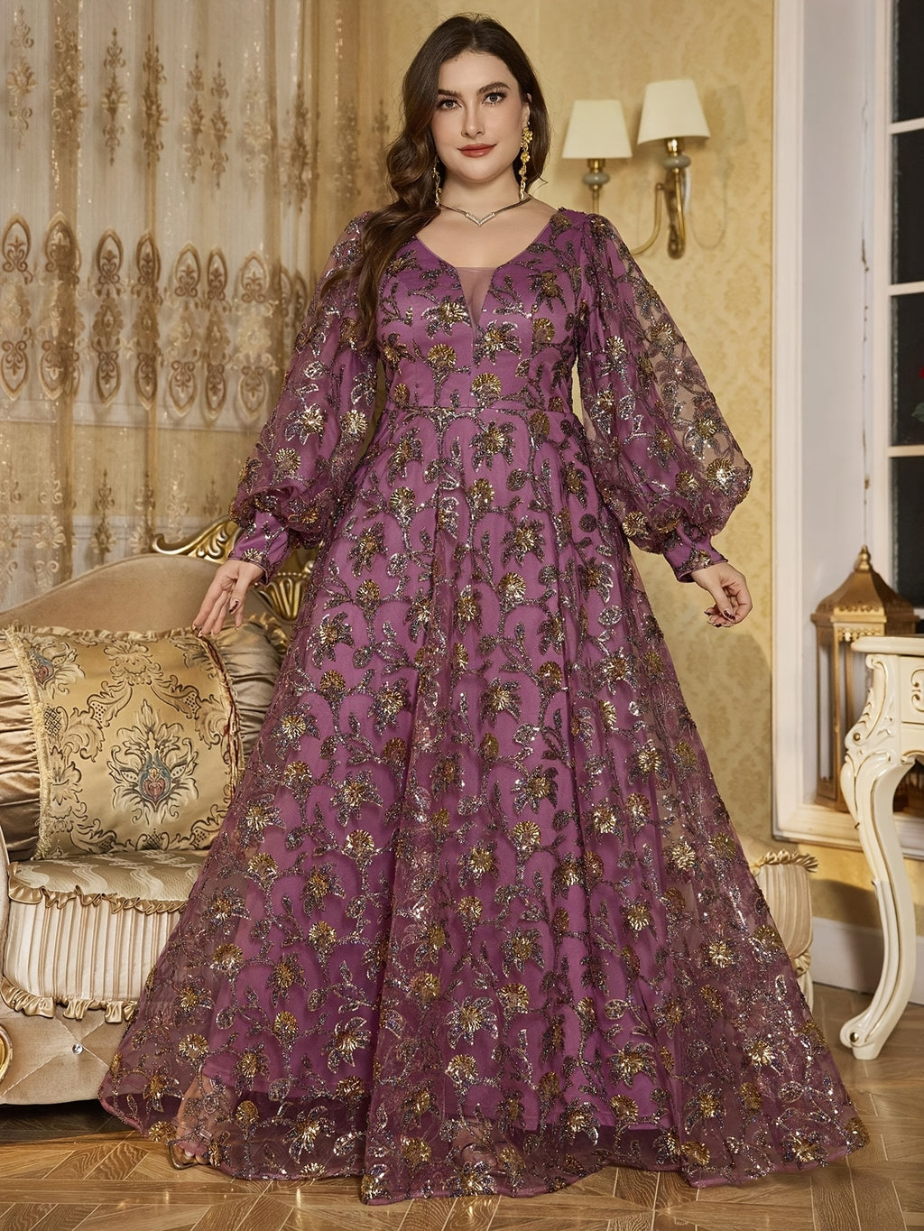 Women's Plus Size Elegant V-Neck Lantern Sleeve Maxi Dress