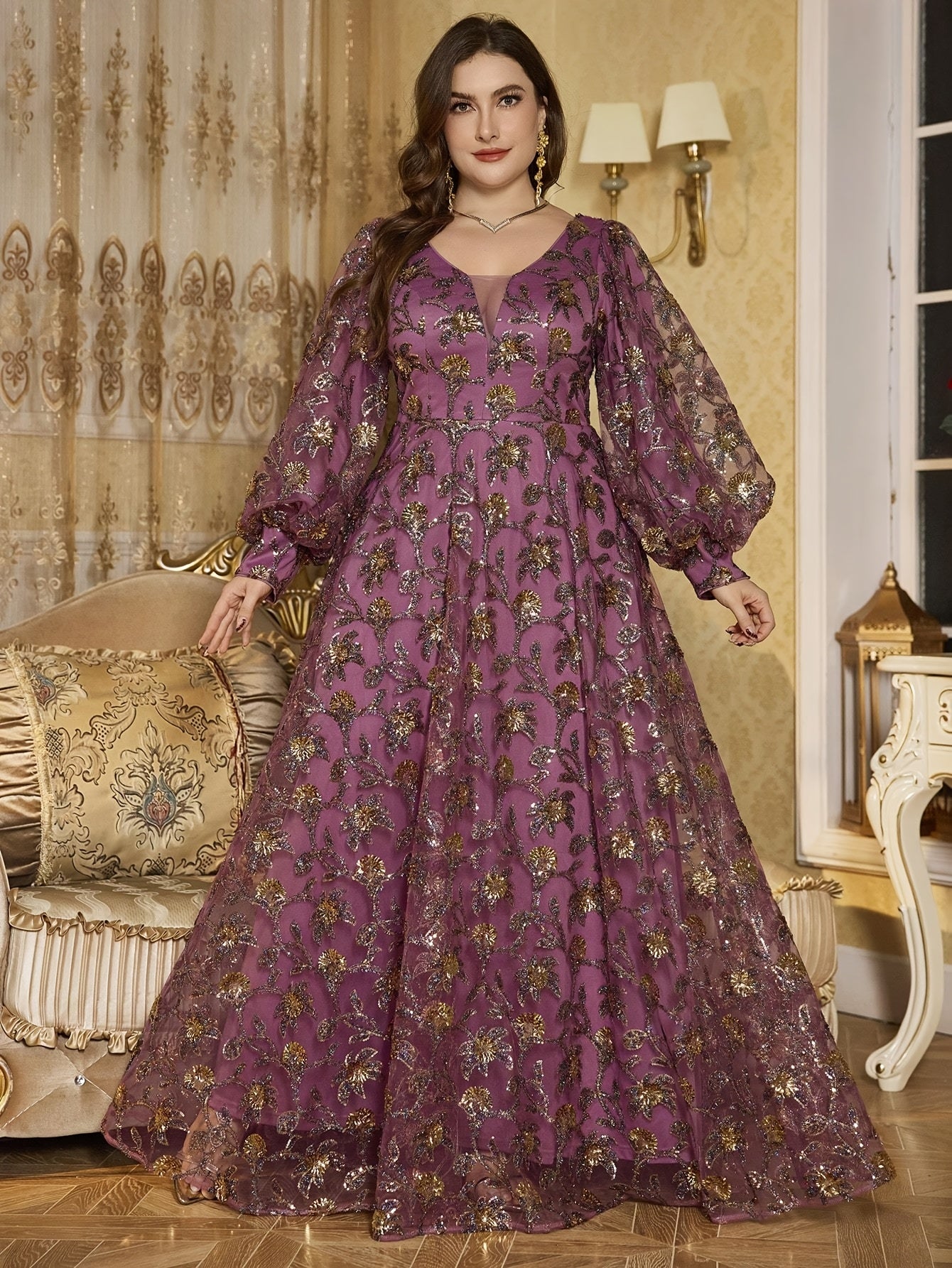 Women's Plus Size Elegant V-Neck Lantern Sleeve Maxi Dress