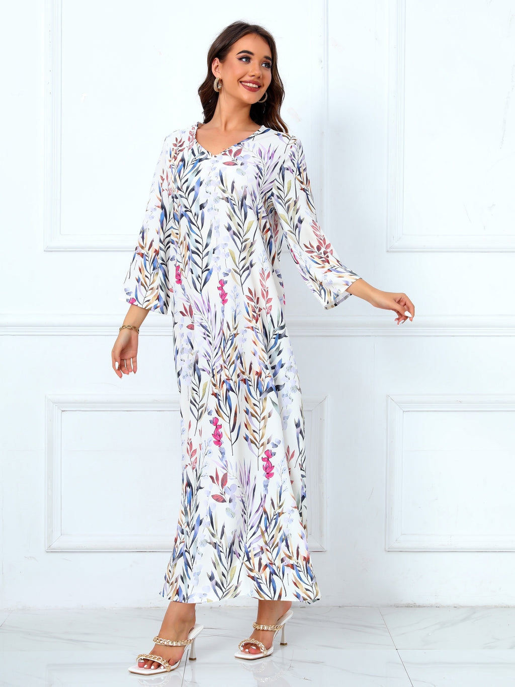 Floral Print V Neck Modest Dress