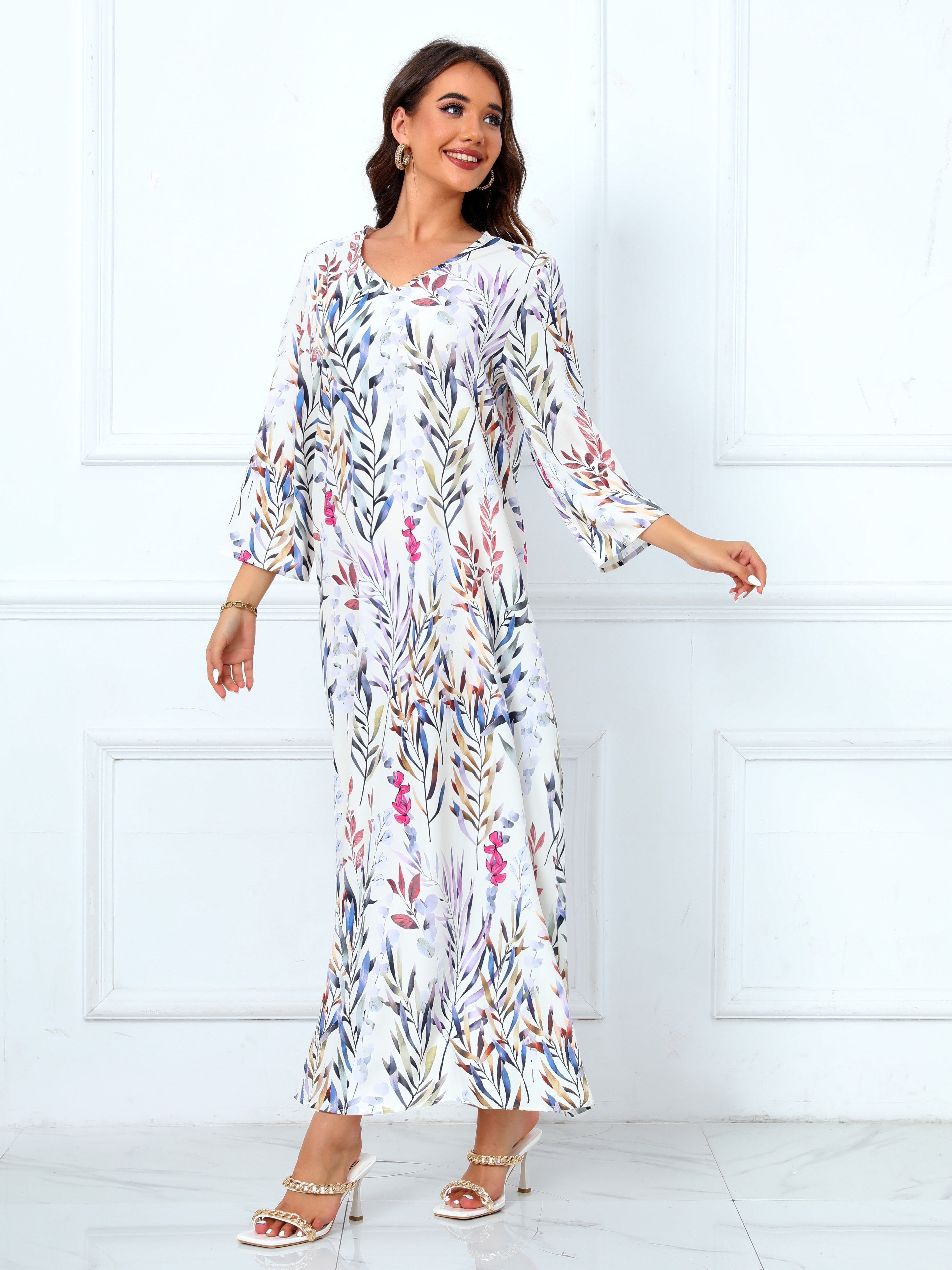 Floral Print V Neck Modest Dress