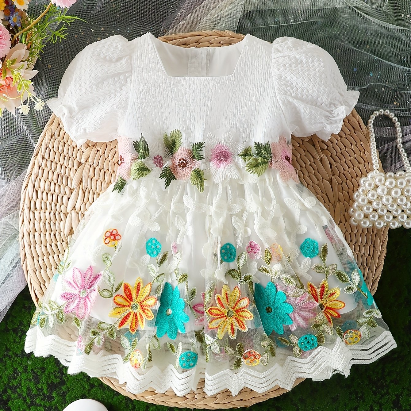 Infant & Toddler's Elegant Floral Embroidered Mesh Dress