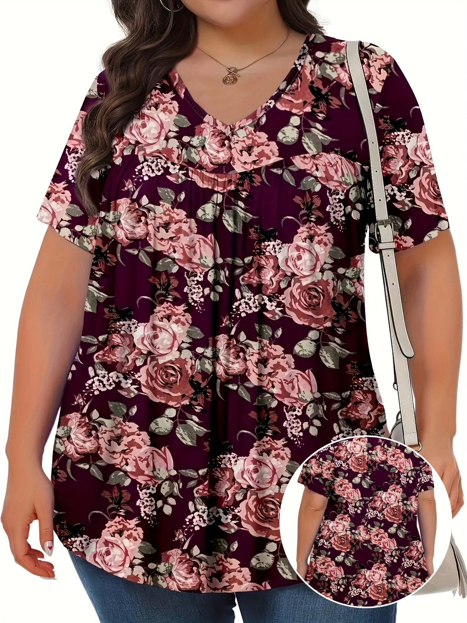 Women's Plus Size V-Neck Blouse - Middle Eastern-Inspired Floral Print Digital, Stretchy Machine-Washable Fabric, All-Season Casual & Formal