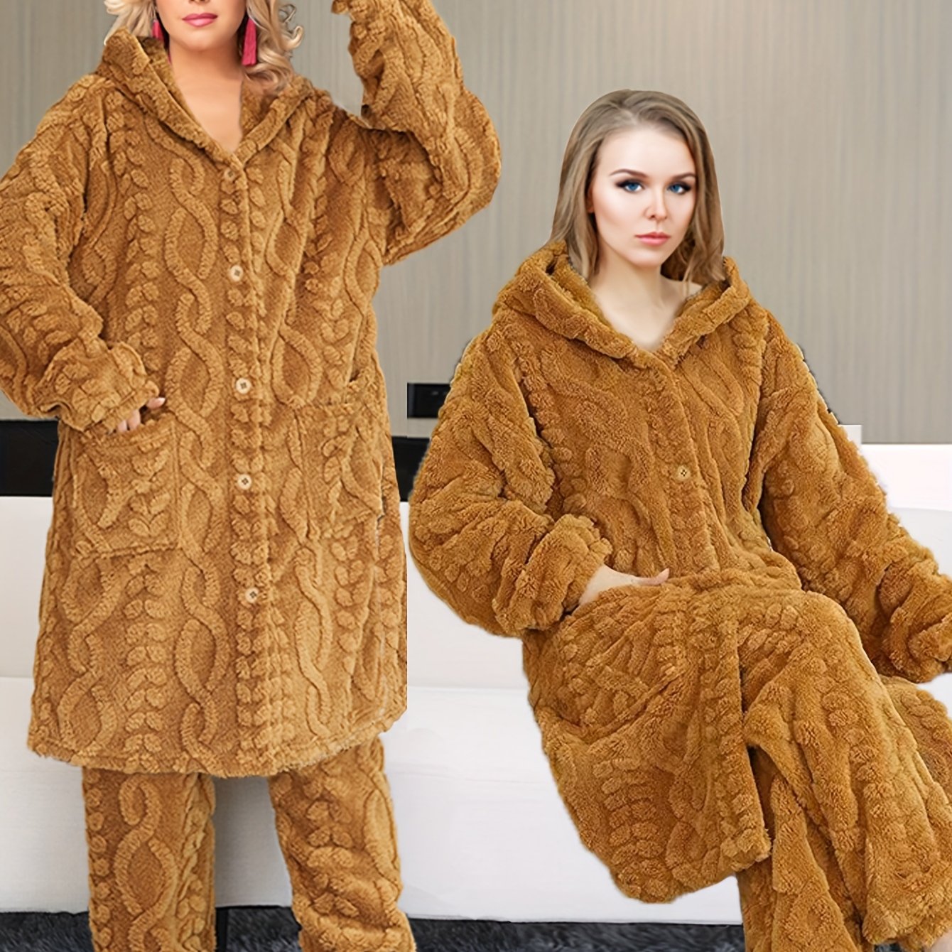 Thick Flannel Pajama Set for Women & Men - Winter Hooded Thermal Sleepwear with Front Button Placket