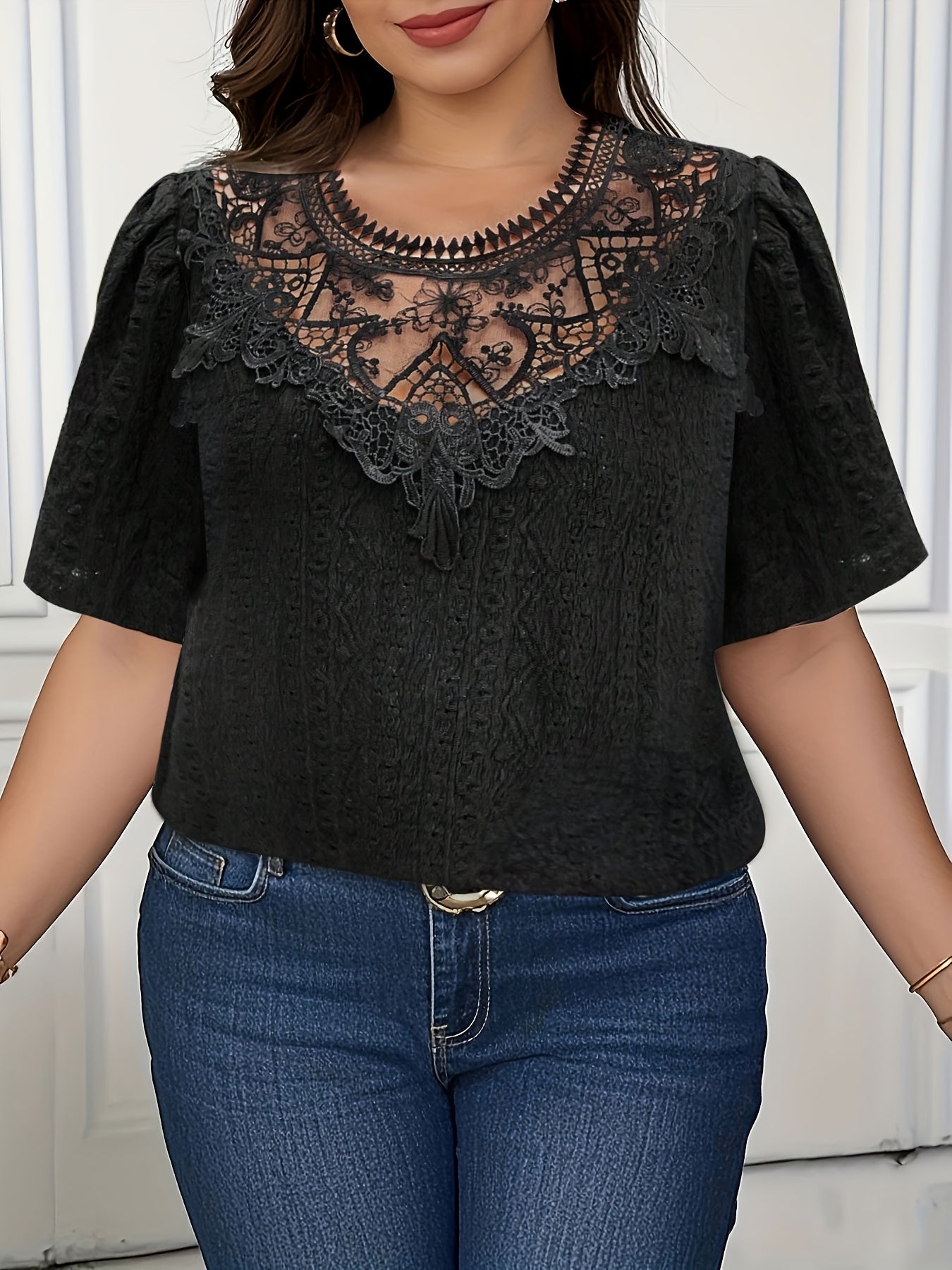 French-Inspired Floral Embroidery Lace Trim Short Sleeve Blouse