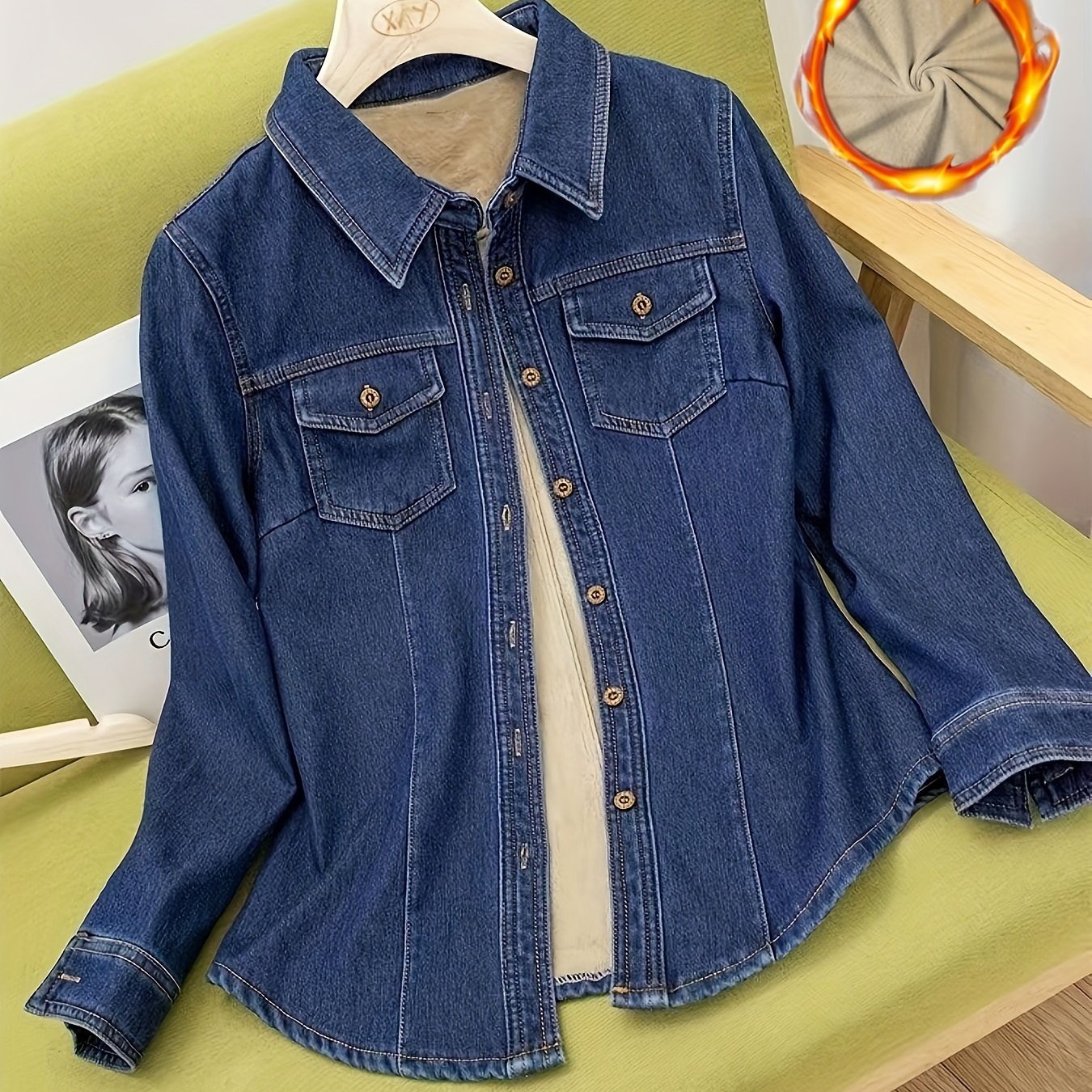 Plain Washed Blue Casual Long Sleeve Plush Lined Denim Shirts Top For Winter, Women's Denim Jeans & Clothing