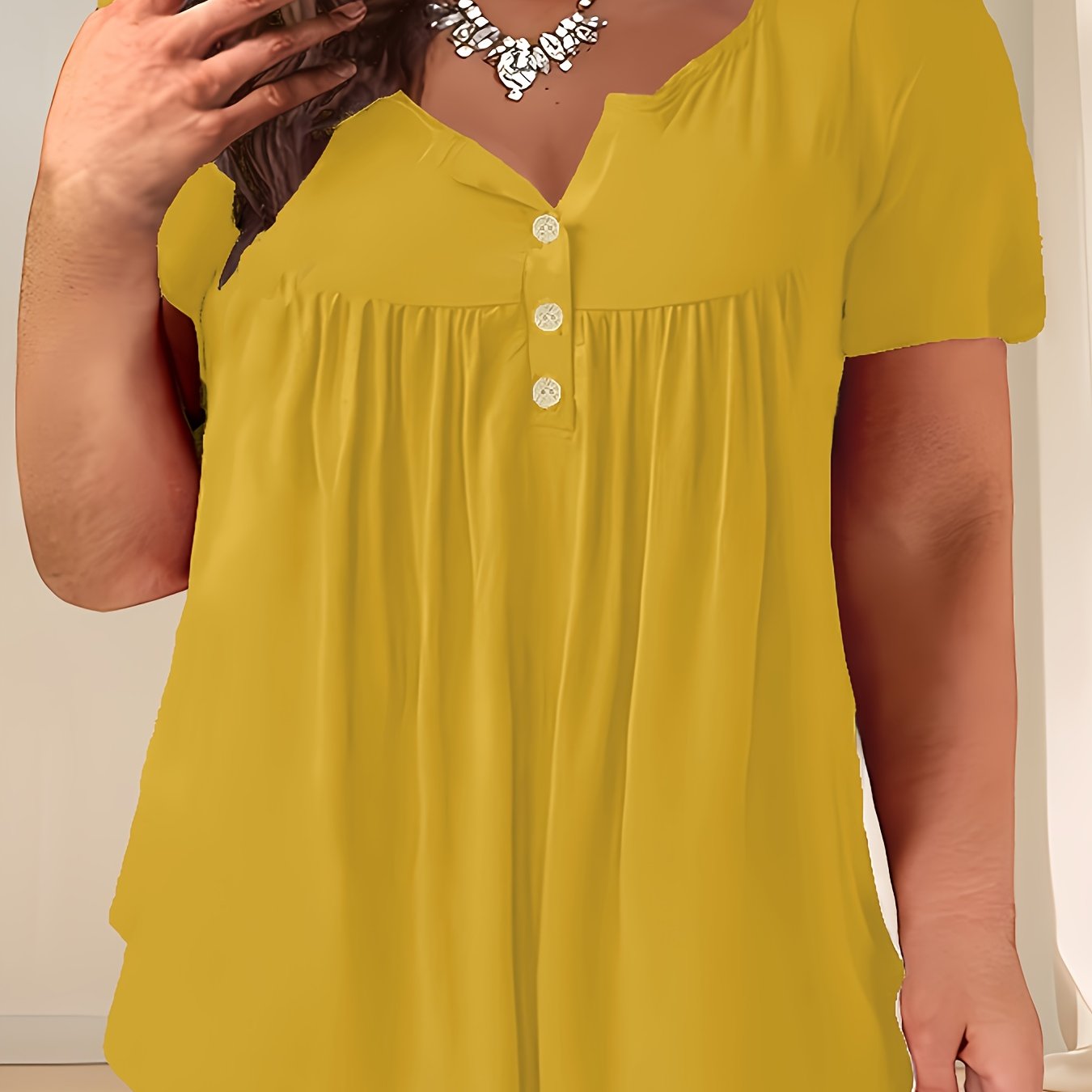 Women'S Plus Size Casual Buttoned Pleated T-Shirt, Summer Knit Fabric Top, Crew Neck, Solid Color, Slight Stretch, Oversized Pullovers,