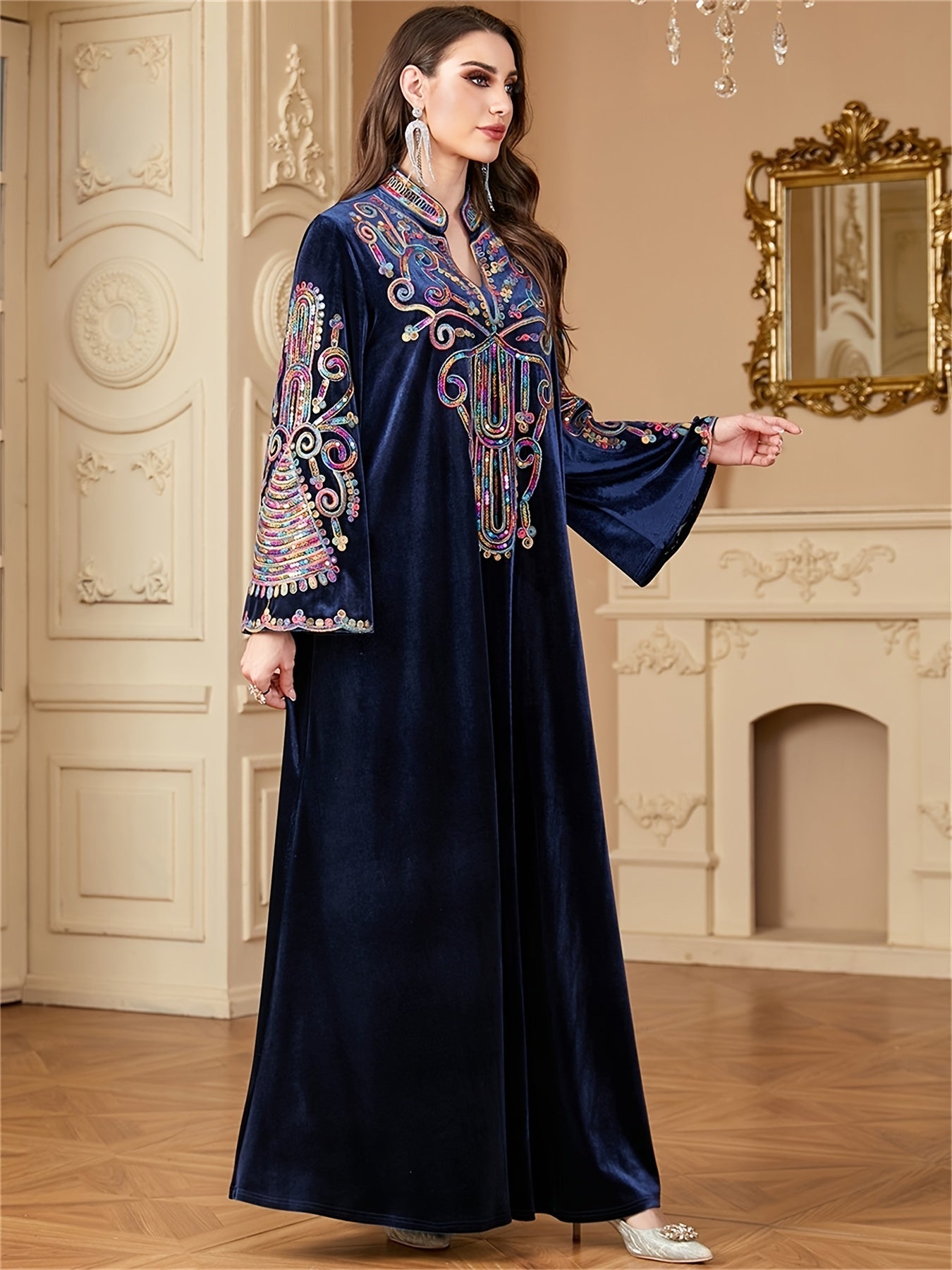 Women's Golden Velvet Abaya Kaftan - Floral Embroidery with Sequins, Long Sleeve Modest Dress