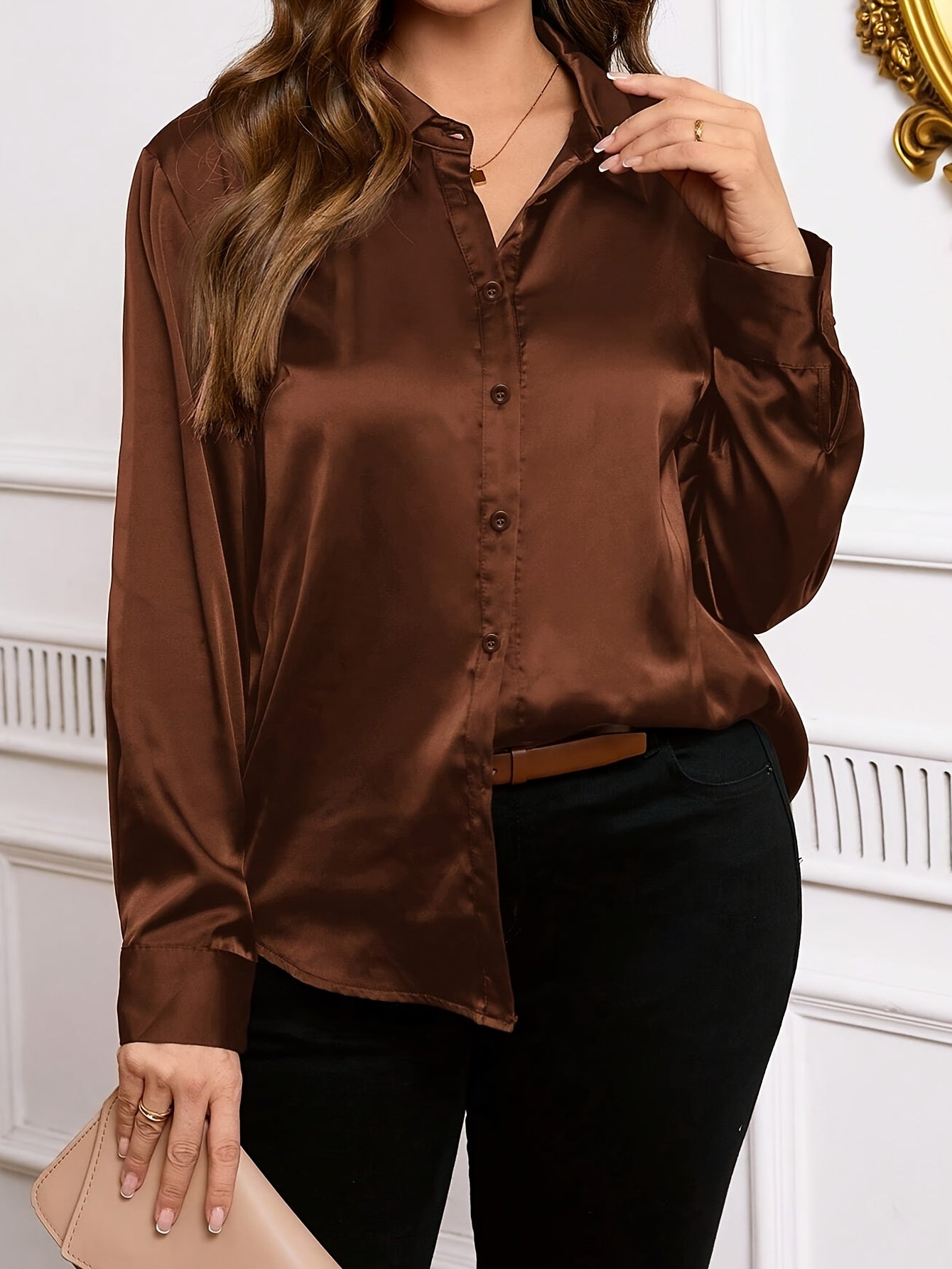 Plus Size Women's Shiny Satin Twill Button-Up Shirt
