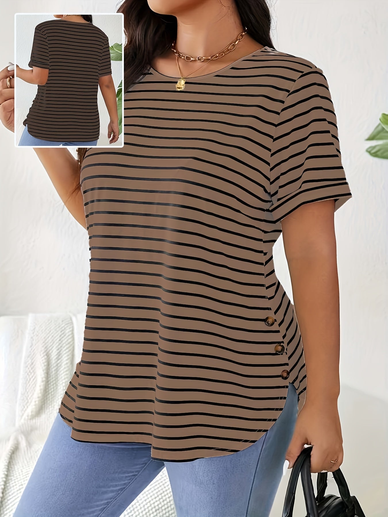 Plus Size Women's Elegant Striped Round Neck T-Shirt - Black & White Horizontal Stripes, Medium Stretch, Button Detail, Spring Summer Fall
