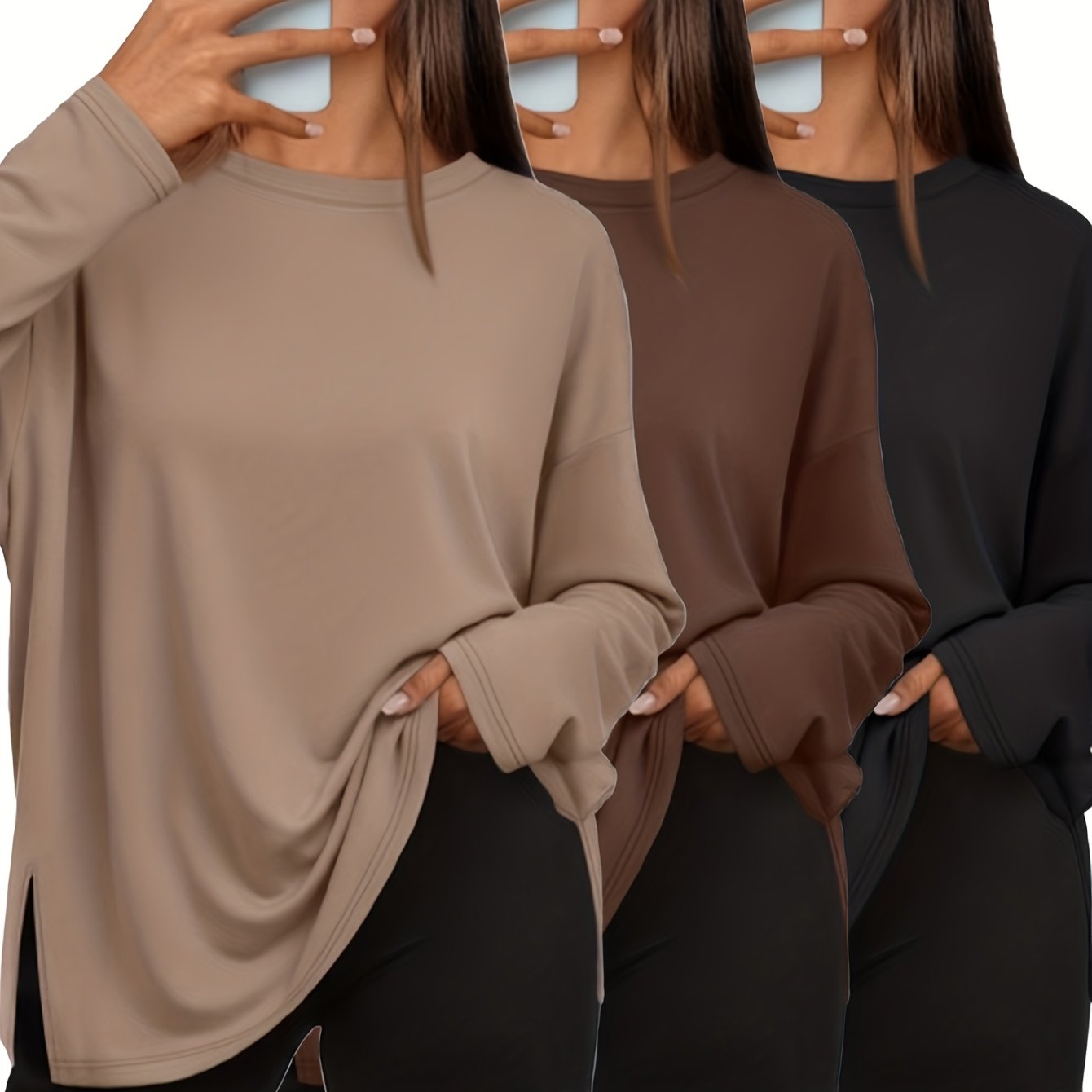 Oversized Three-Piece Women's Comfortable Top Casual Basic Side Slit Shirt Loose