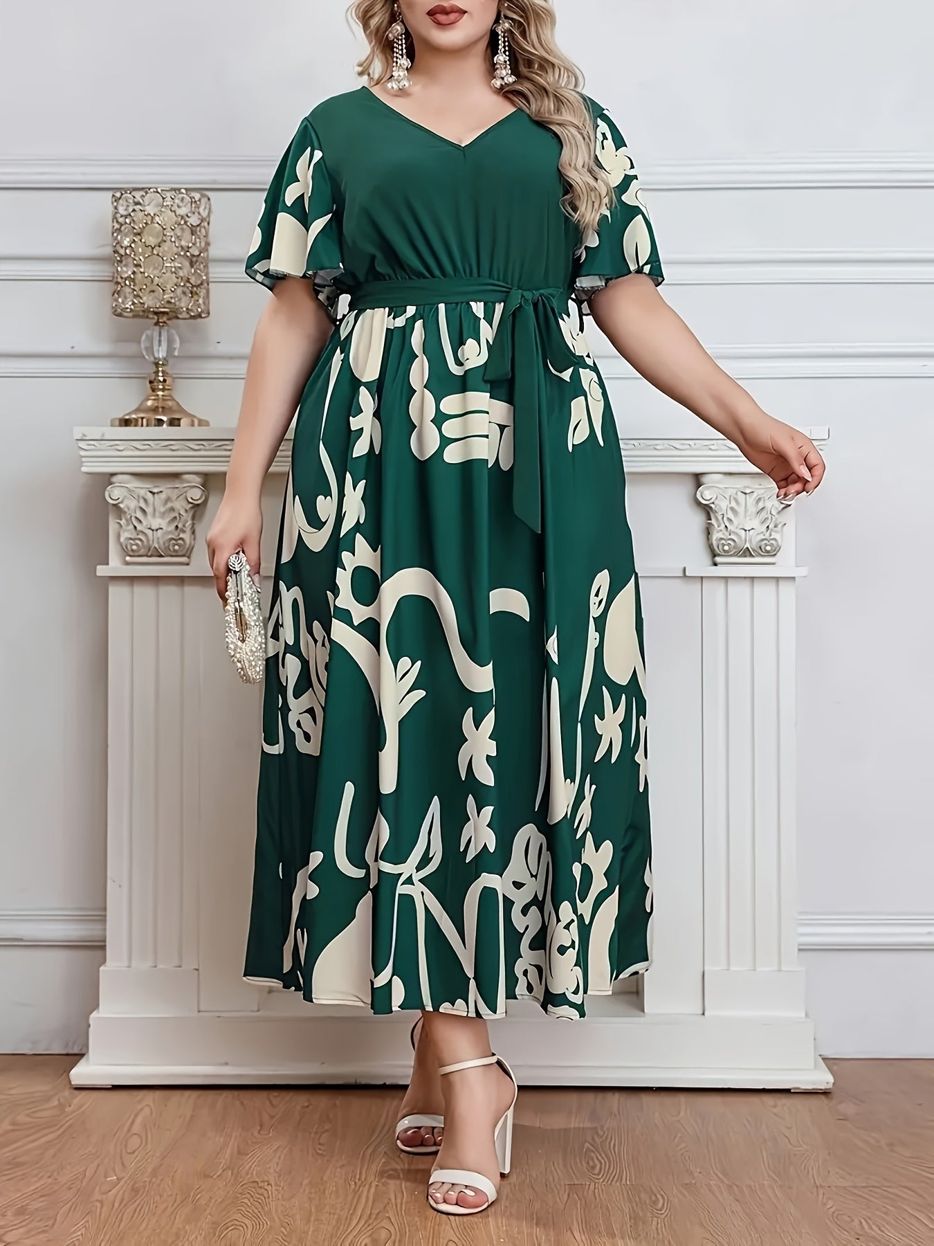 Elegant Short Sleeve V Neck Longline Dress With Belt For Plus Size Women