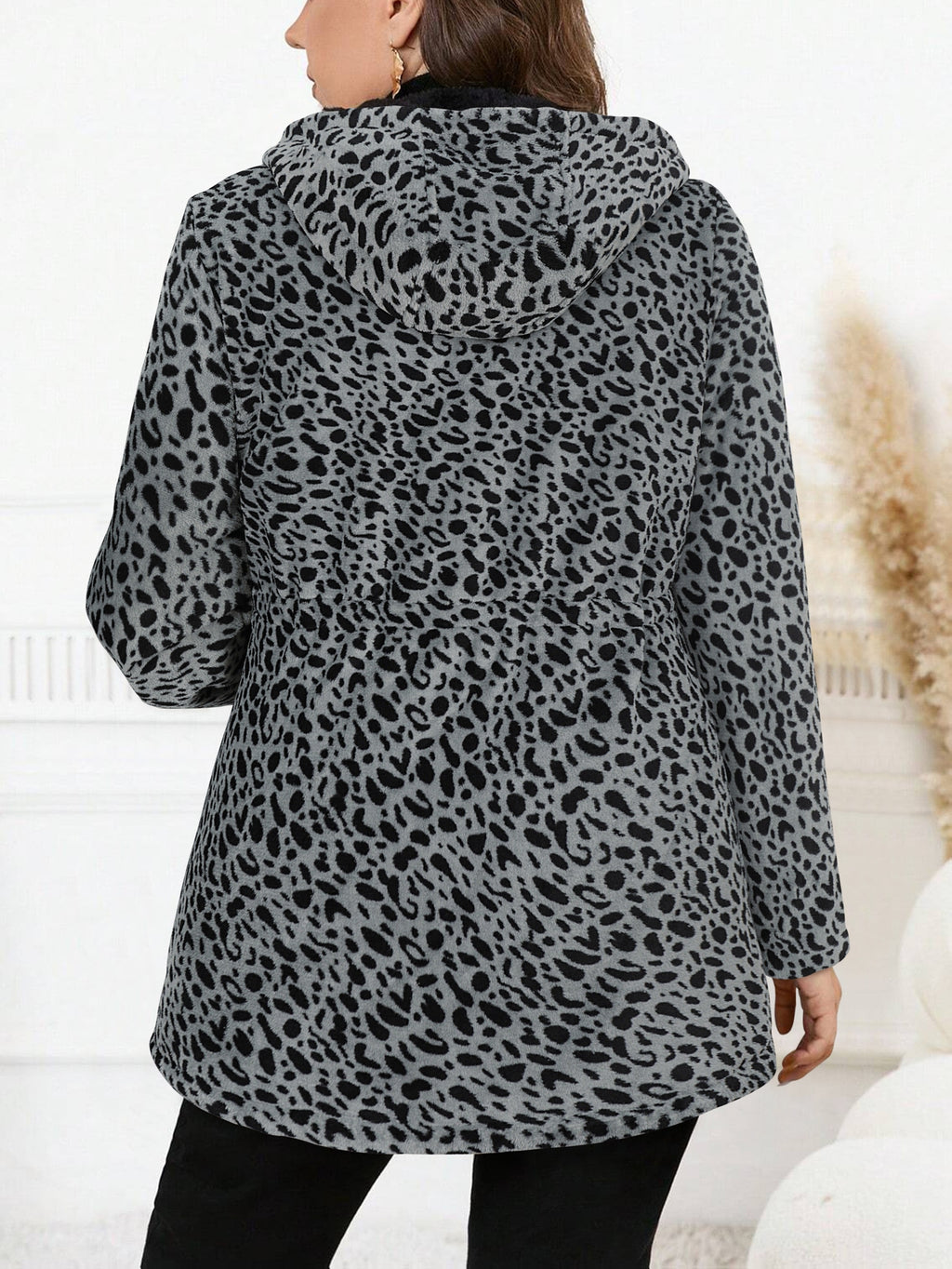 Plus Size Oversized Reversible Leopard Print Fleece Hoodie for Women