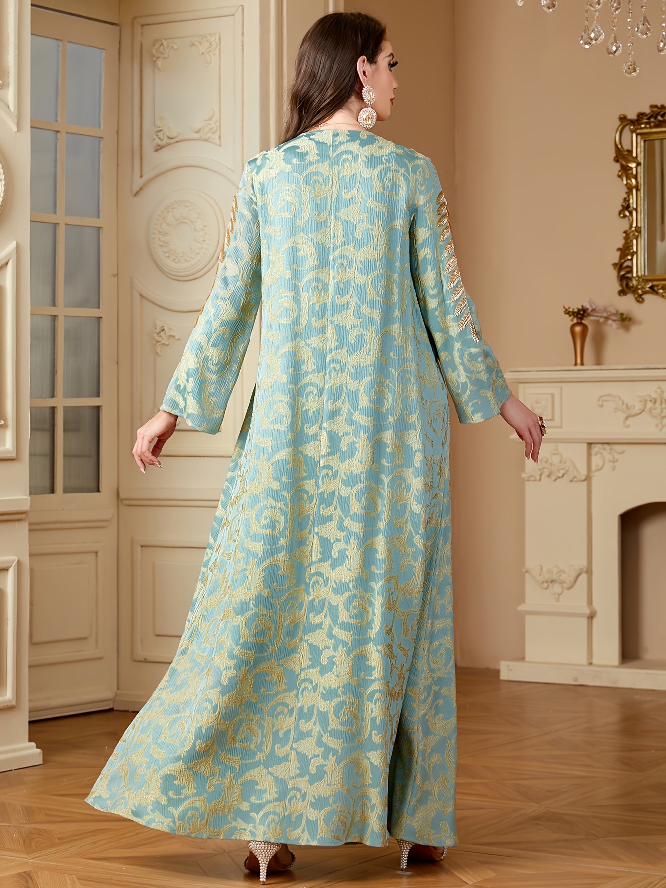 Women's Elegant Middle Eastern-Inspired A-Line Dress with Floral Appliqué