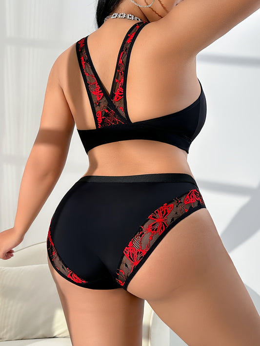 Wireless and Padded Contrast Lace Splicing Plus Size Women's Bra Set