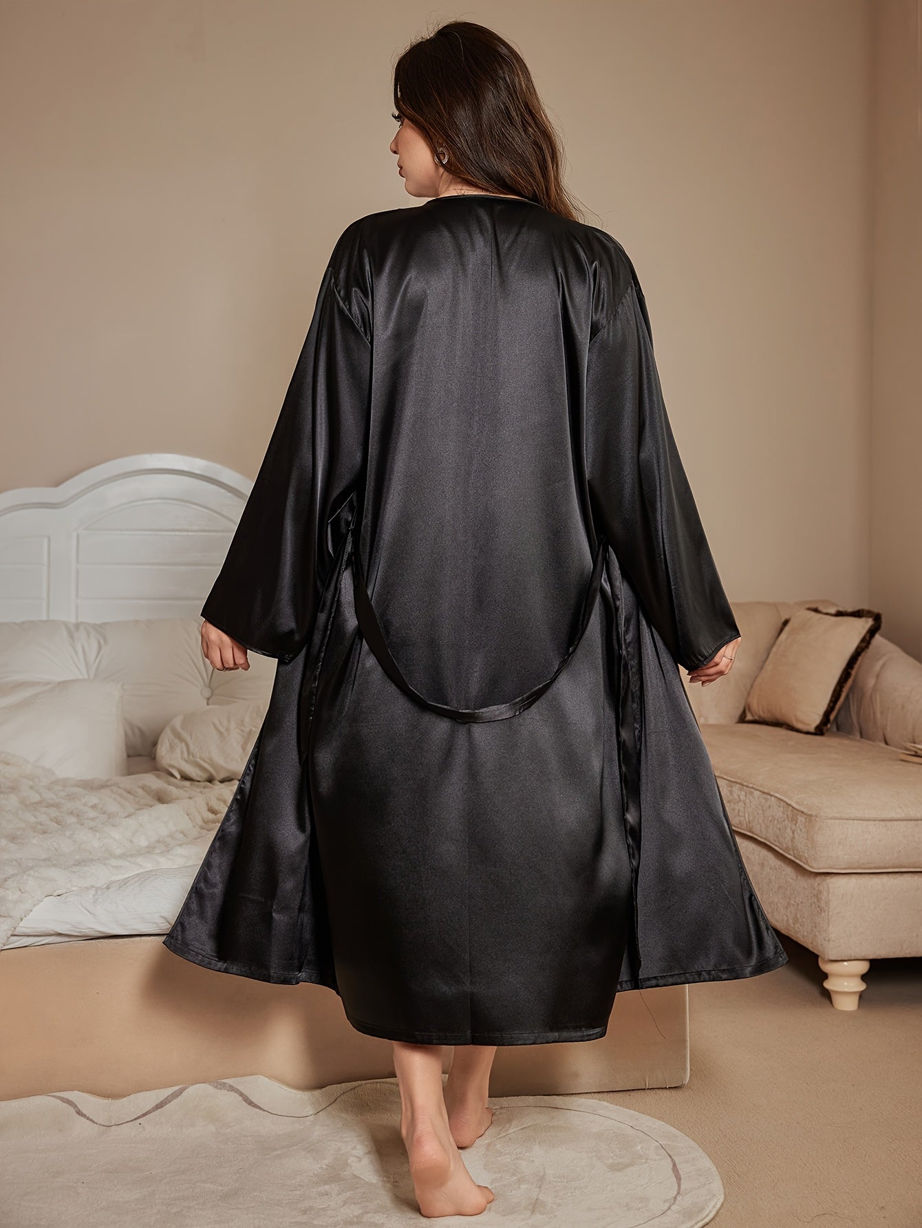 Valentine's Day Style Large Size Nightgown and Nightgown 2pcs Fashion Sexy Fashion Imitation Contrast Lace Extended Style Home Robe with