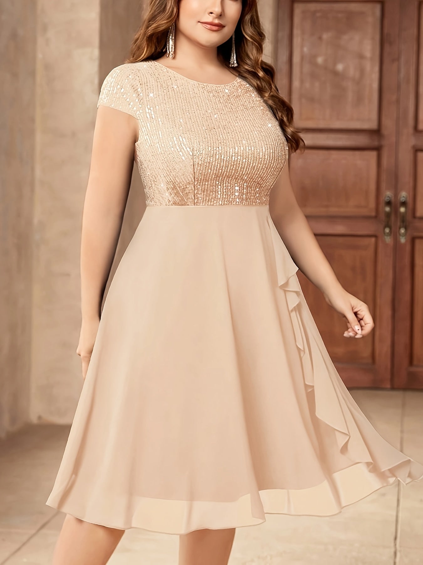 Women'S Plus-Size Chiffon Dress with Sequin Patchwork Party Dress Eid Dress