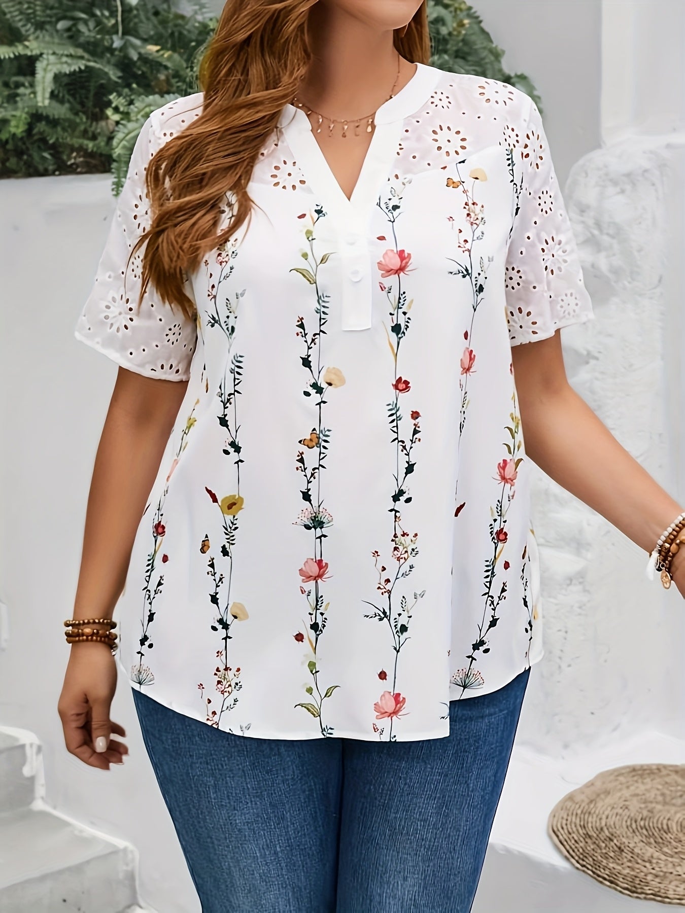 Plus Size Floral Print Button Blouse - Elegant Short Sleeve Top with Relaxed Fit