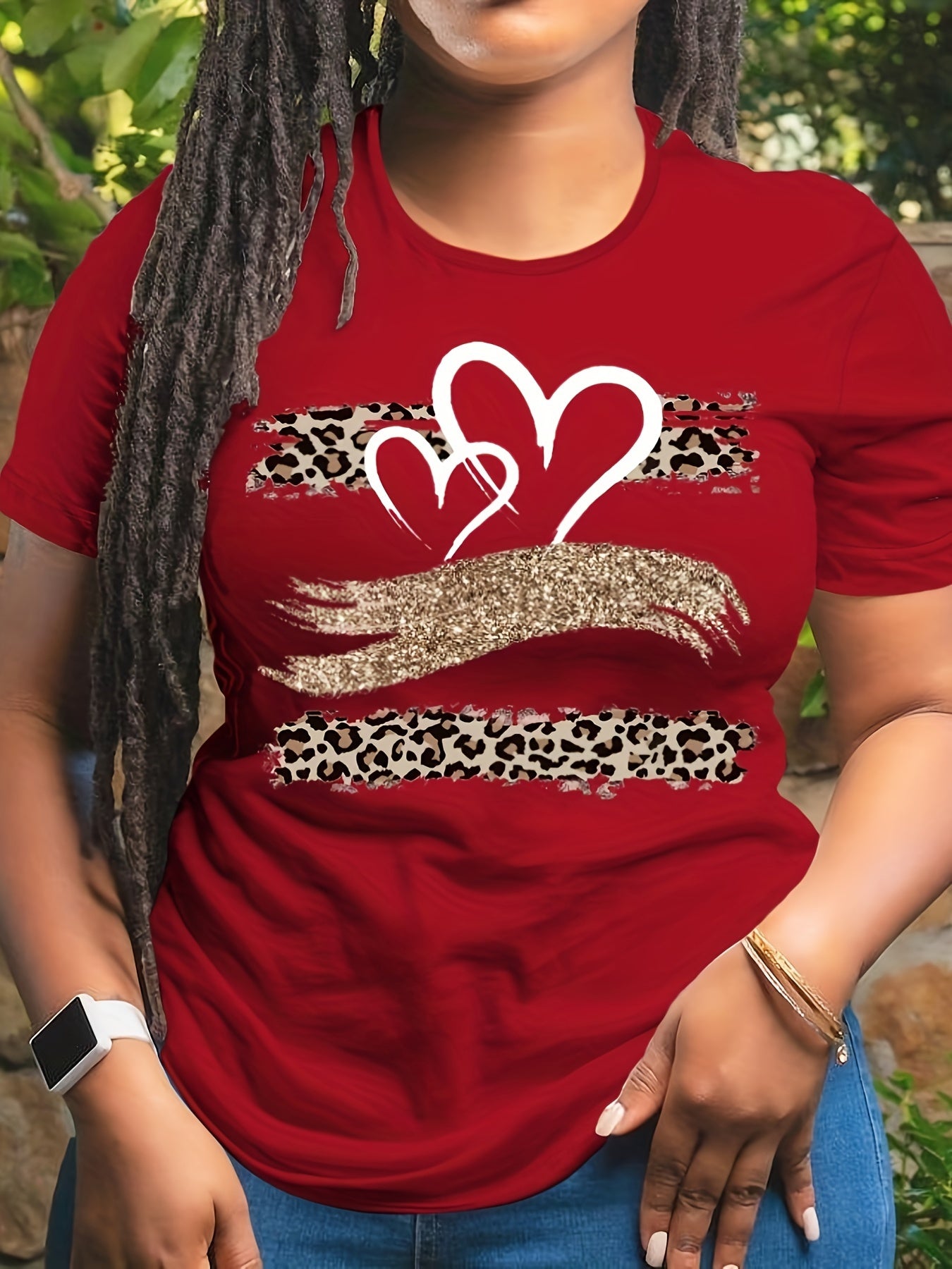 Casual Plus Size Heart Print T-Shirt for Women