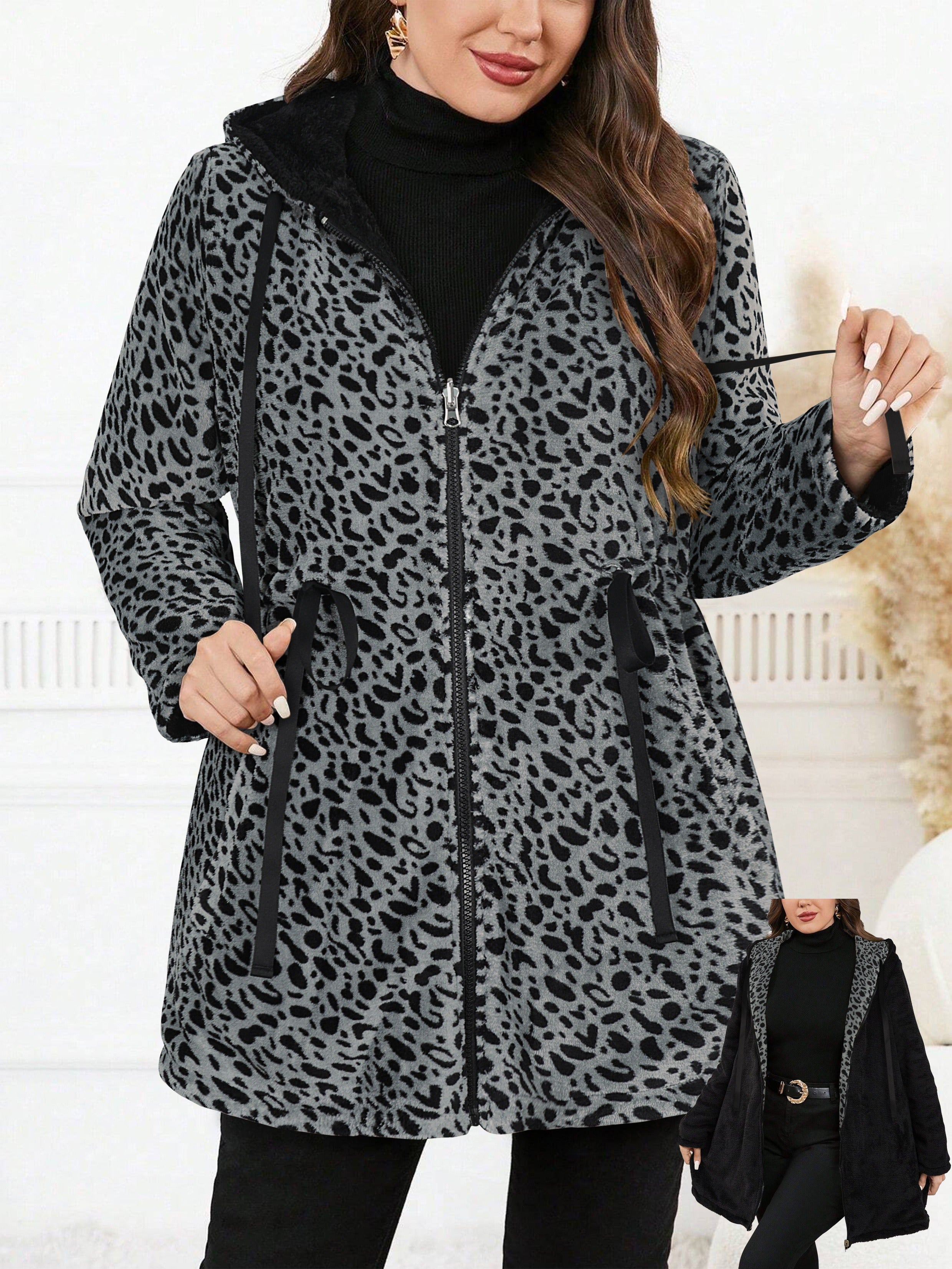 Plus Size Oversized Reversible Leopard Print Fleece Hoodie for Women