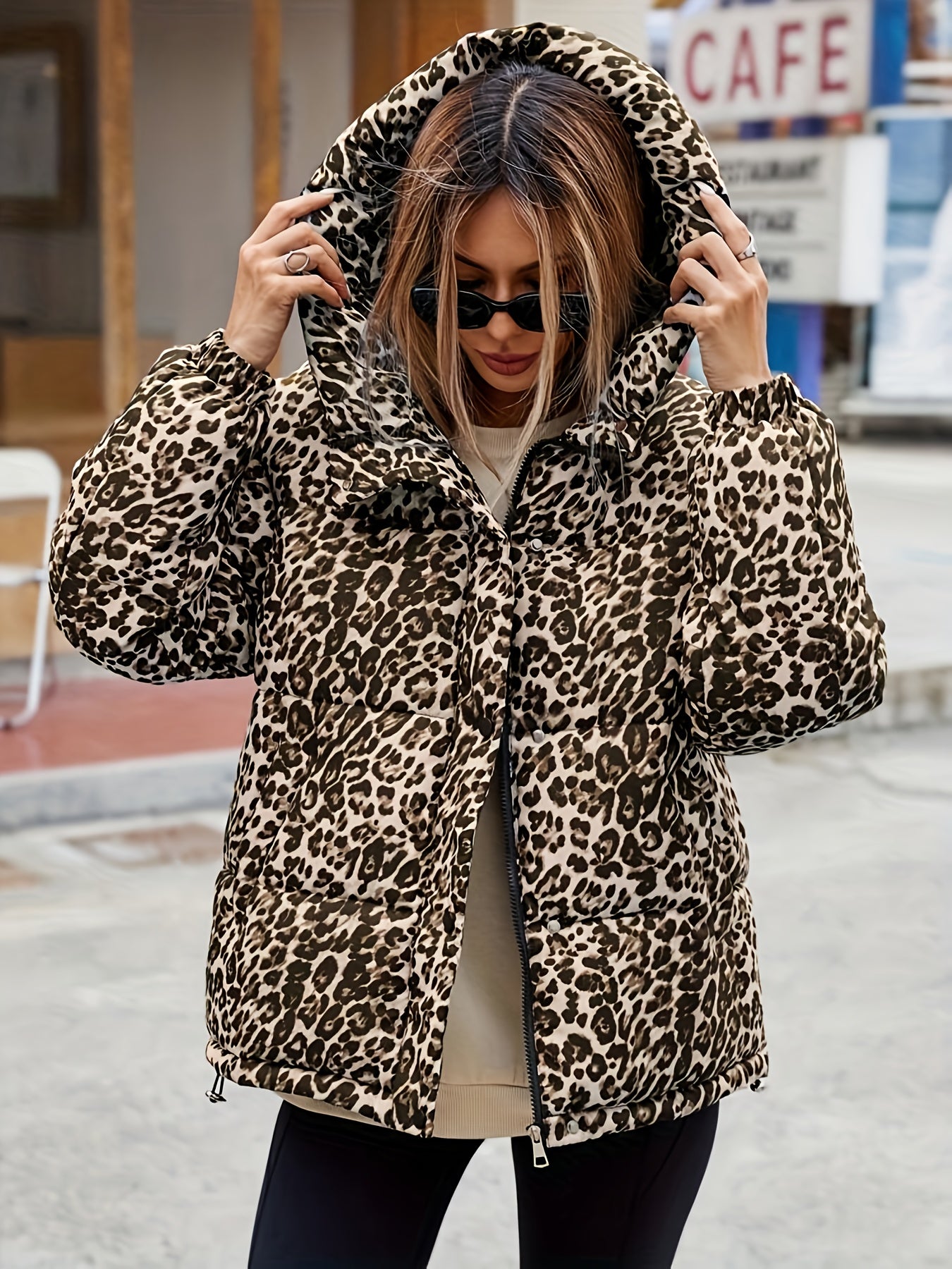 Women's Plus Size Winter Leopard Print Full-Length Zip Hooded Jacket